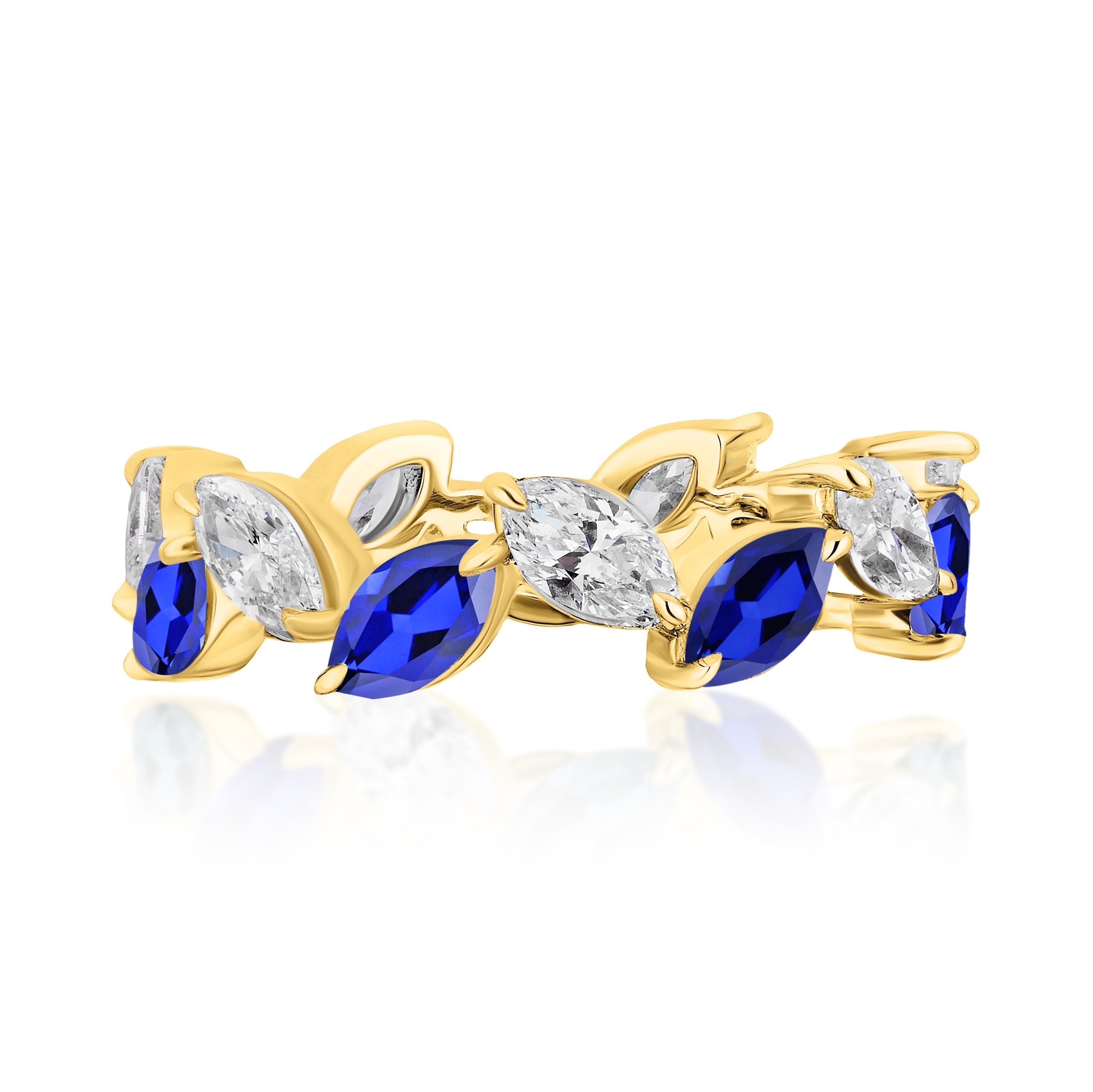 The Marching Marquise Eternity Band in yellow gold features alternating marquise-cut blue sapphires and diamonds set in a leaf-inspired pattern along the 18K gold band.