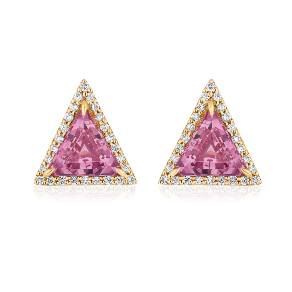 Triangle Cut Pink Sapphire Studs with Pavé in Yellow Gold