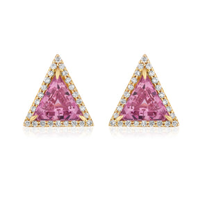 Triangle Cut Pink Sapphire Studs with Pavé in Yellow Gold