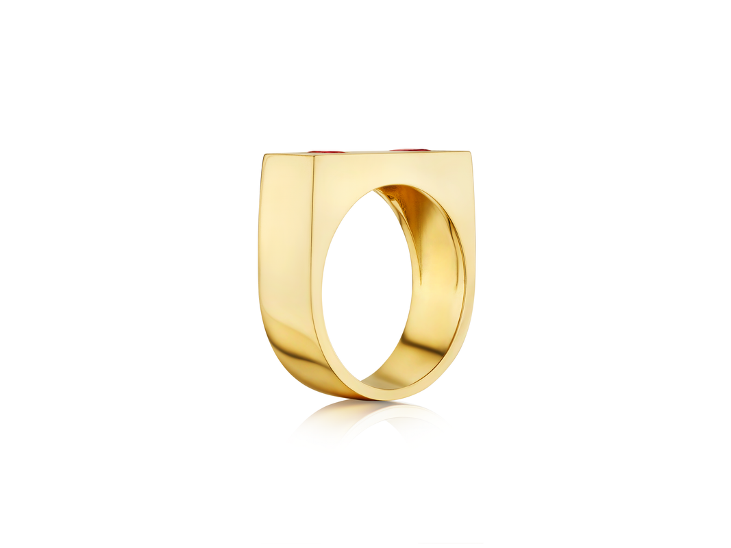 A modern, geometric Bar Ring with Round and Pear Cut Rubies in Yellow Gold, featuring a flat top, wide band, and minimalist design. Two subtle ruby accents adorn the sleek yellow gold ring, photographed on a white background.