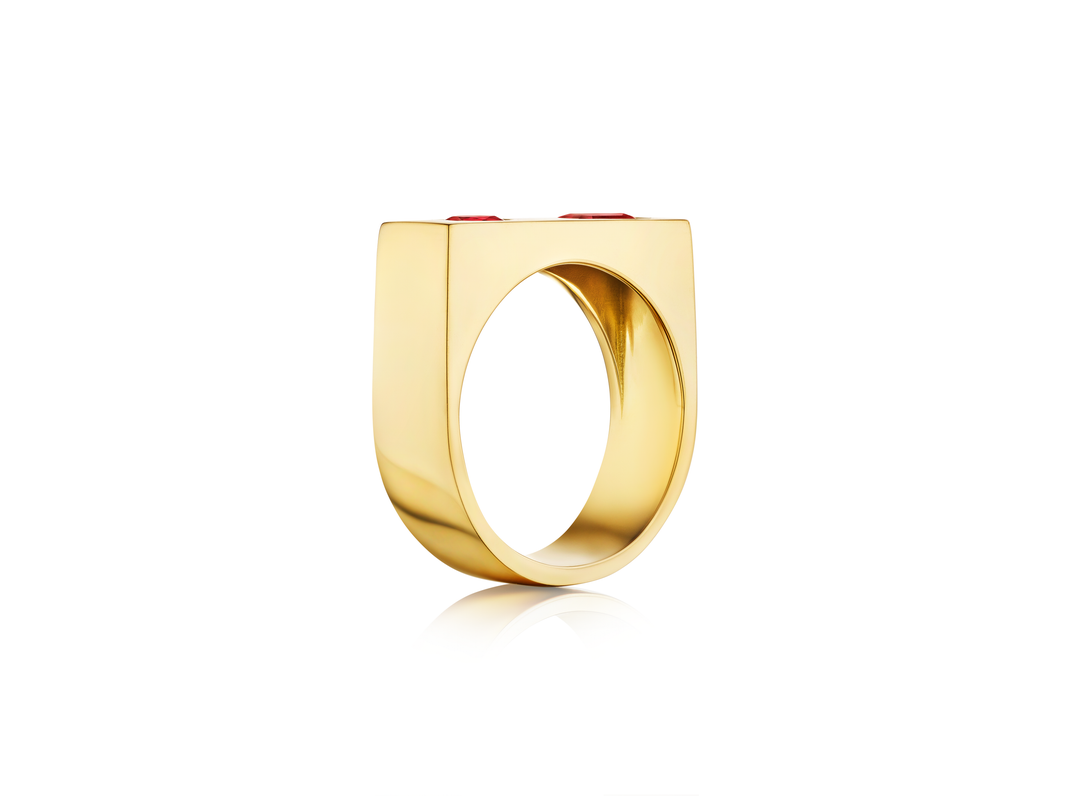 Bar Ring with Round and Emerald Cut Rubies in Yellow Gold