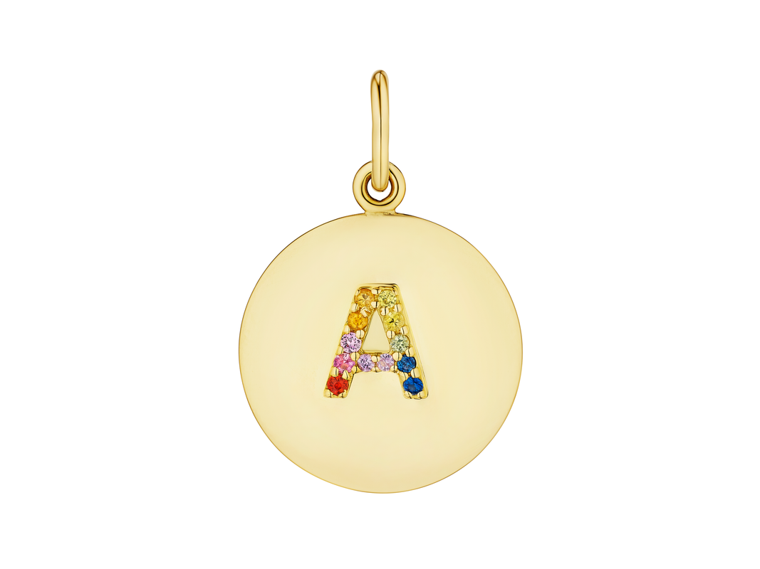 Round Pendant Charm in Yellow Gold with Letter Motif in Rainbow Sapphires