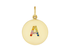 Round Pendant Charm in Yellow Gold with Letter Motif in Rainbow Sapphires