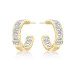 East-West Half-Bezel Set Emerald Cut Diamond Hoops in Yellow Gold, featuring 18k yellow gold and emerald-cut diamonds along the outer edge, displayed against a white background.
