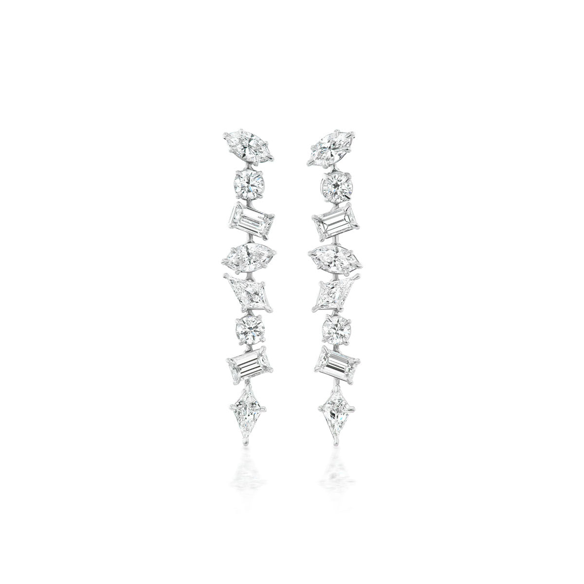 The Mixed Shape Diamond Drop Earrings in White Gold feature long, dangling diamonds in various shapes set vertically in 18K white gold, offering an elegant, modern look with a reflective finish.