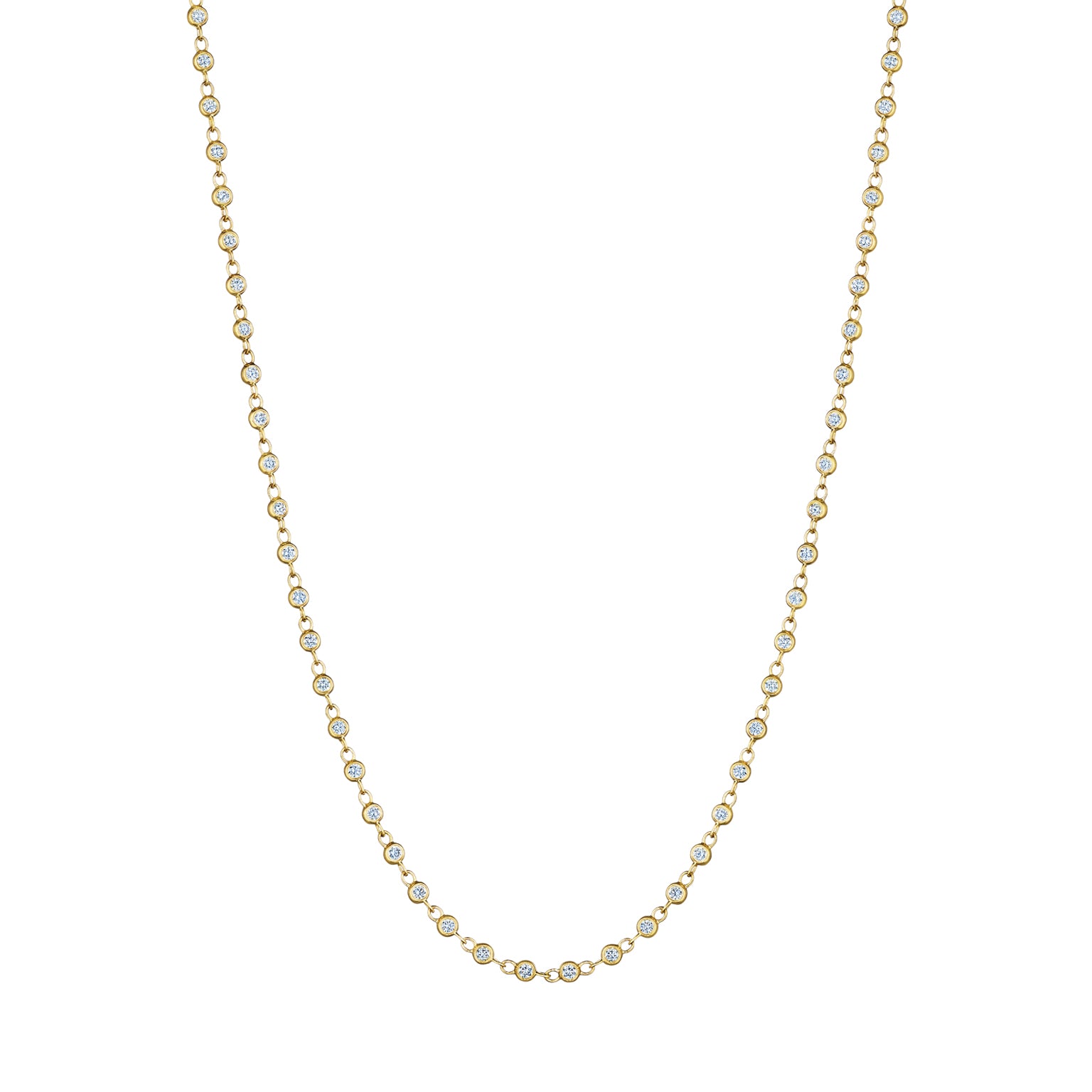 The Golden Garland Necklace in Yellow Gold features round brilliant diamonds totaling 2.09tcw, each set in delicate bezels and spaced evenly along an 18K yellow gold chain. Shown against a plain white background.