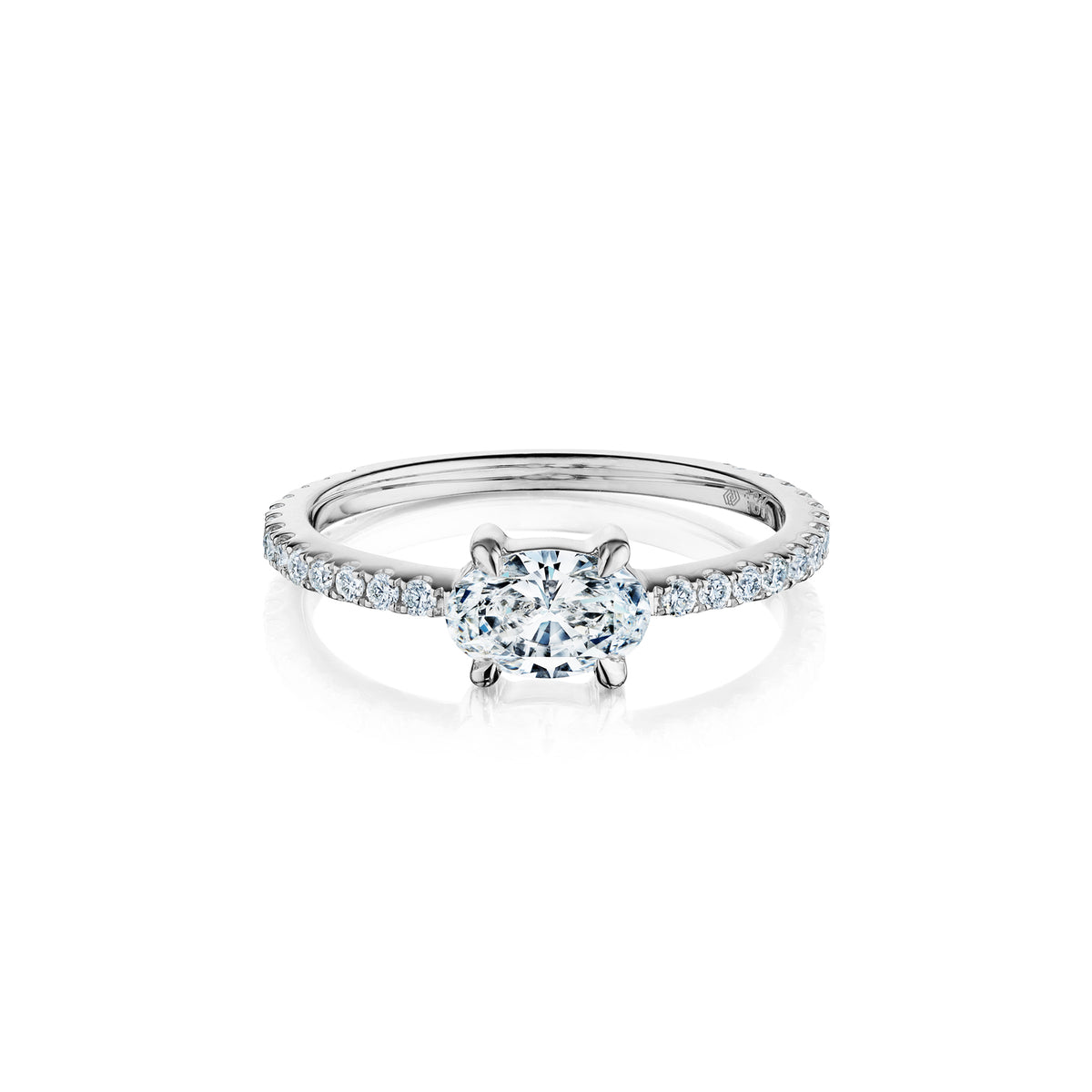 East-West Set Oval Diamond Ring with Pavé Band in White Gold