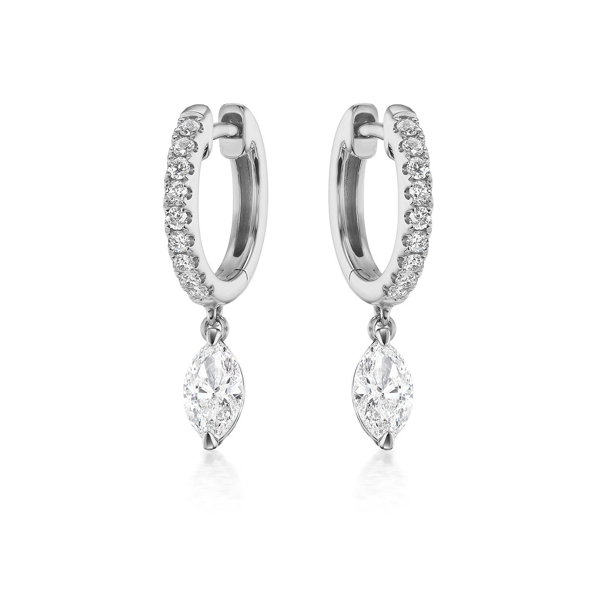 The Pavé Huggies in White Gold with Marquise Diamond Charm feature diamond pavé hoops, each with a dangling marquise-cut diamond charm.