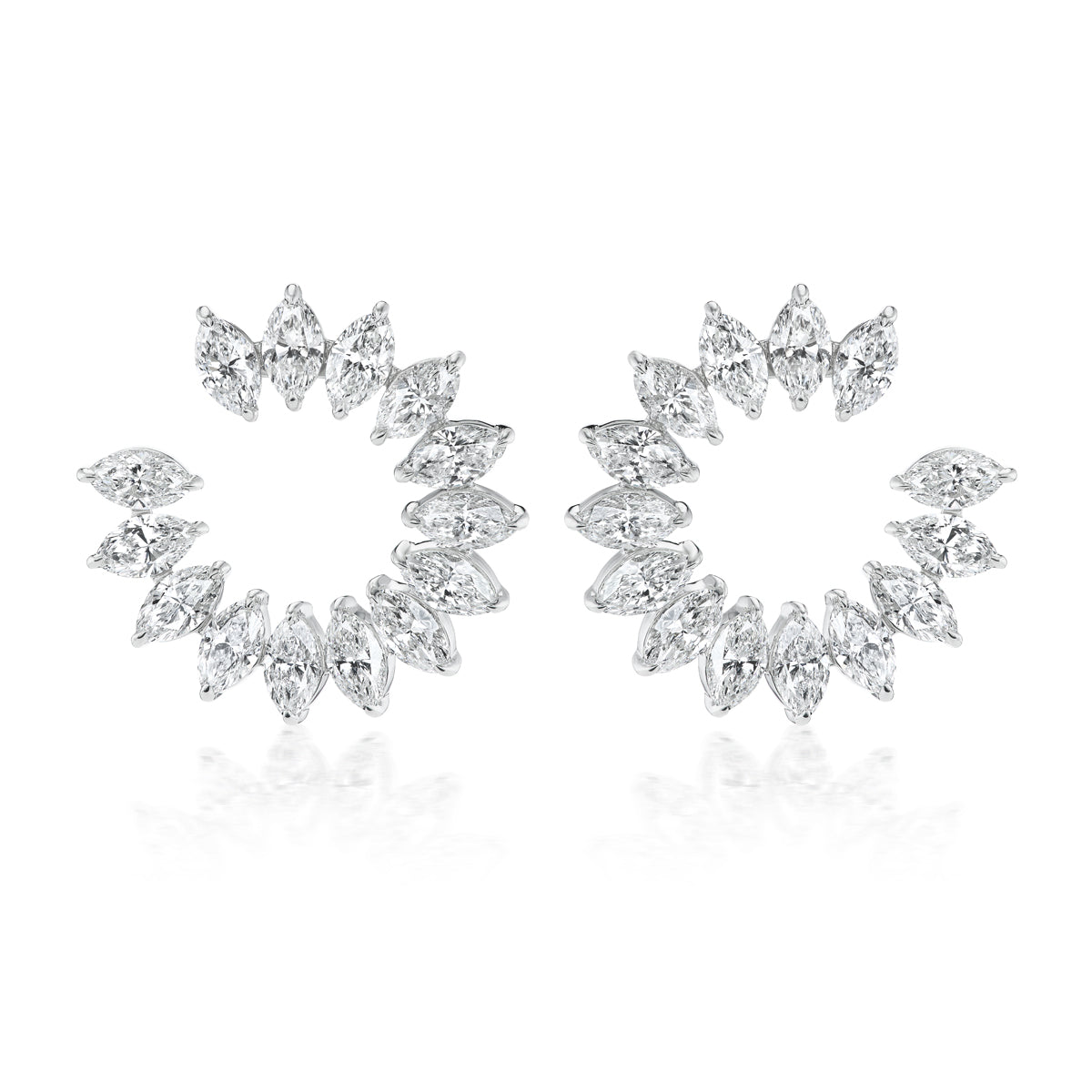 The Climbing Ivy Front-to-Back Hoops in white gold feature marquise diamonds with SI1-SI2 clarity, arranged in a sunburst pattern and showcased on a white background.