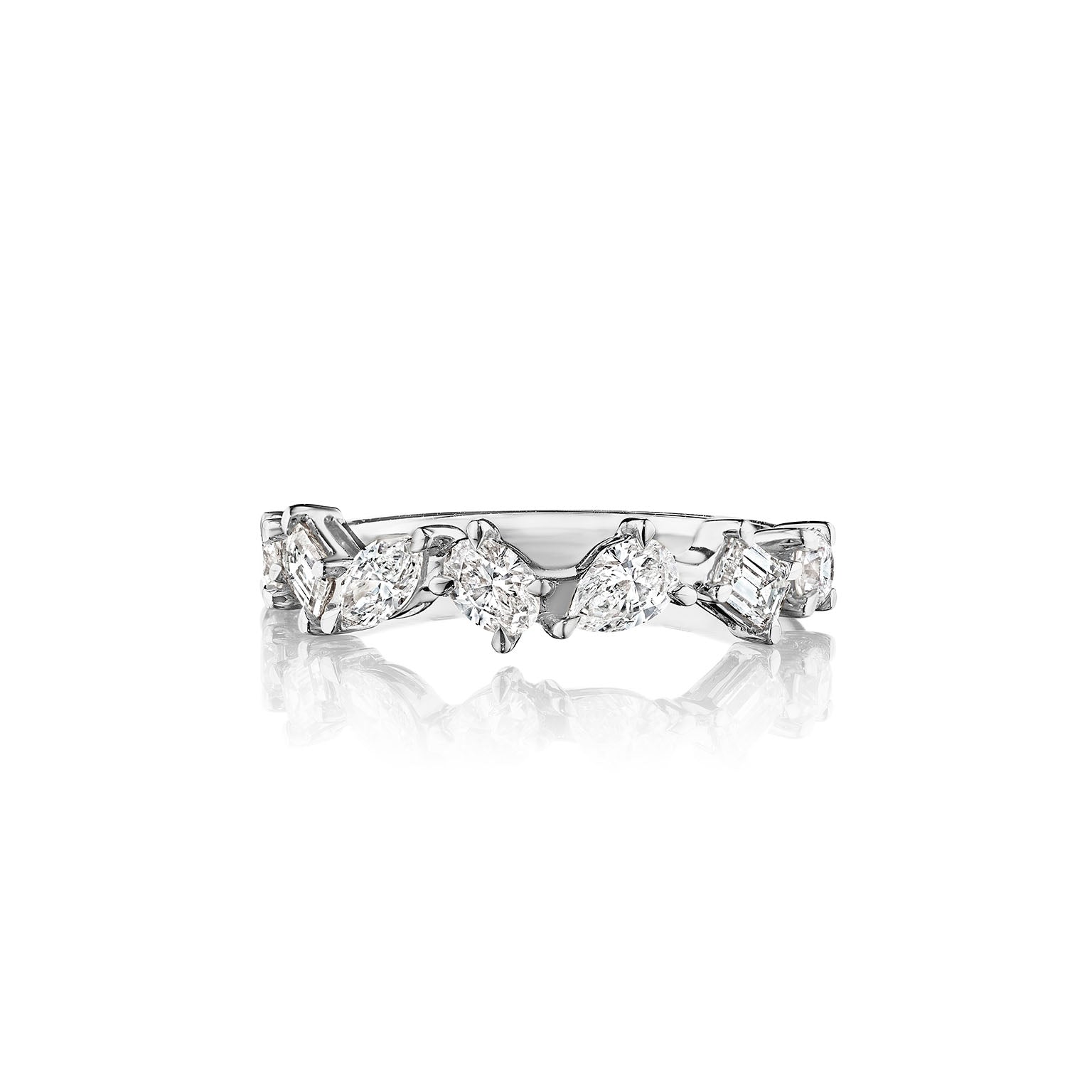 The Mixed Shape Diamond Half Eternity Band features marquise and baguette-cut diamonds set in silver, showcased on a white background with a subtle reflection below.