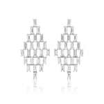 Art Deco Chandelier Earrings in White Gold feature emerald cut diamonds with VS1-VS2 clarity, set in a geometric grid pattern. Shown against a white background.