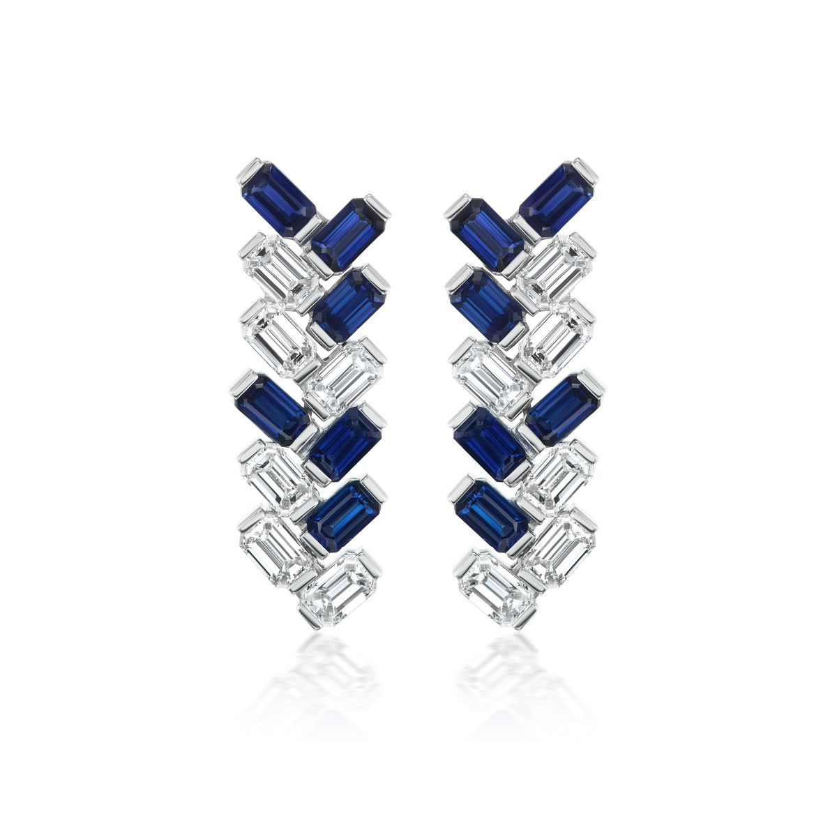 Alternating Half Bezel Emerald Cut Sapphire and Diamond Drop Earrings