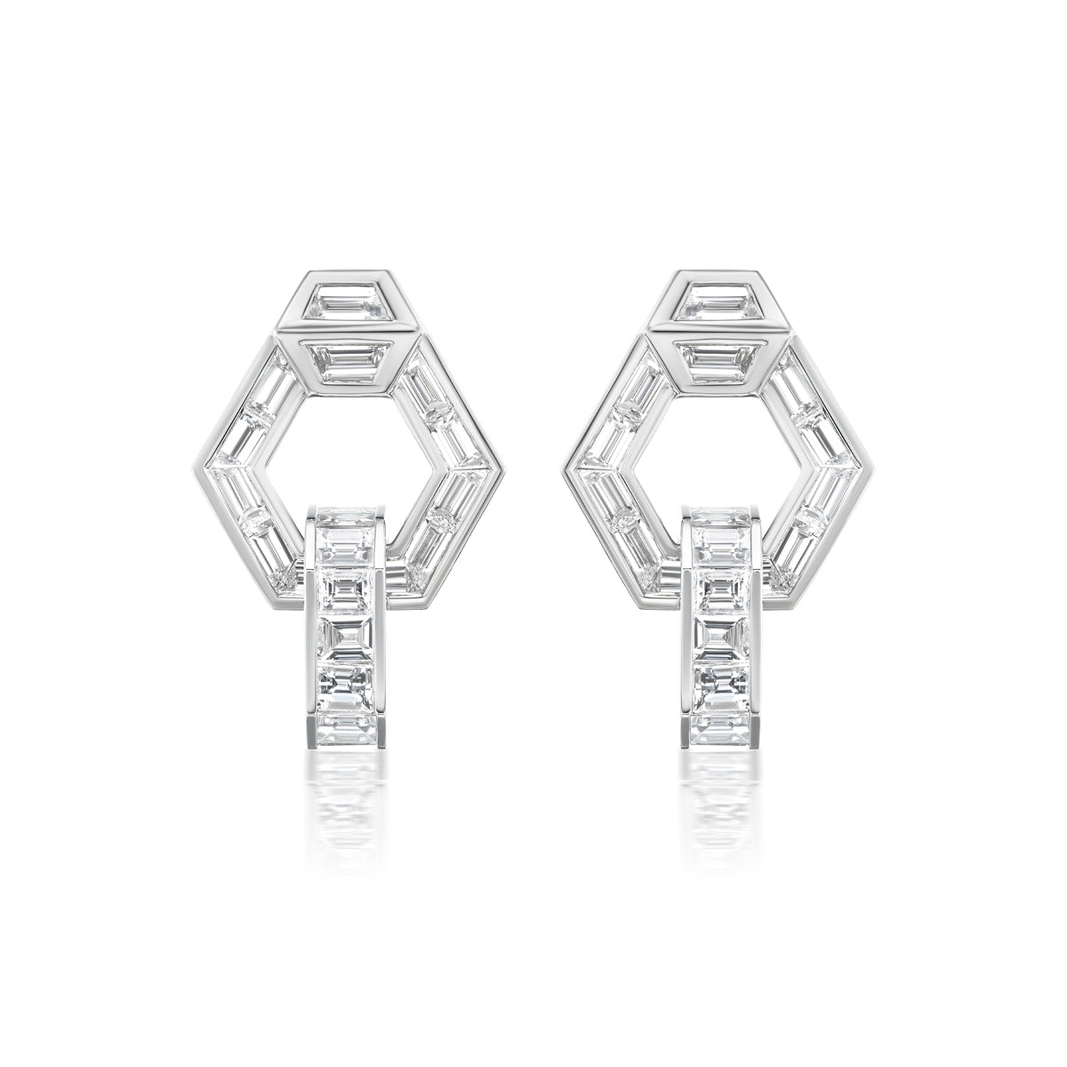 Chrysler Interlocking Hexagon Earrings with Baguette Diamonds in 18K white gold, showcasing hexagonal shapes set with rectangular clear gemstones and vertical baguette diamond accents.