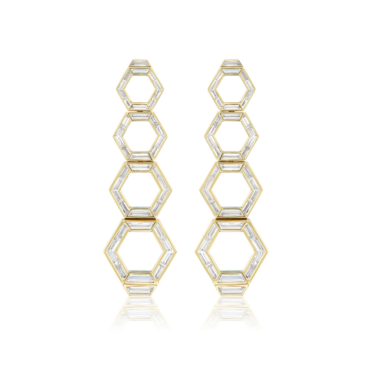 Chrysler Graduated Hexagon Drop Earrings in Yellow Gold with Baguette Diamonds feature three stacked hexagons and sparkling baguette diamonds, elegantly set against a white background.