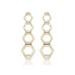 Chrysler Graduated Hexagon Drop Earrings in Yellow Gold with Baguette Diamonds feature three stacked hexagons and sparkling baguette diamonds, elegantly set against a white background.