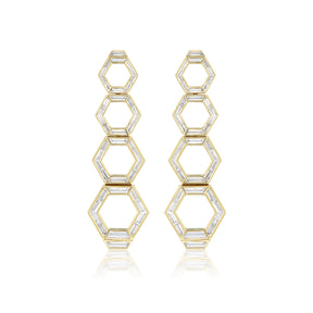 Chrysler Graduated Hexagon Drop Earrings in Yellow Gold with Baguette Diamonds