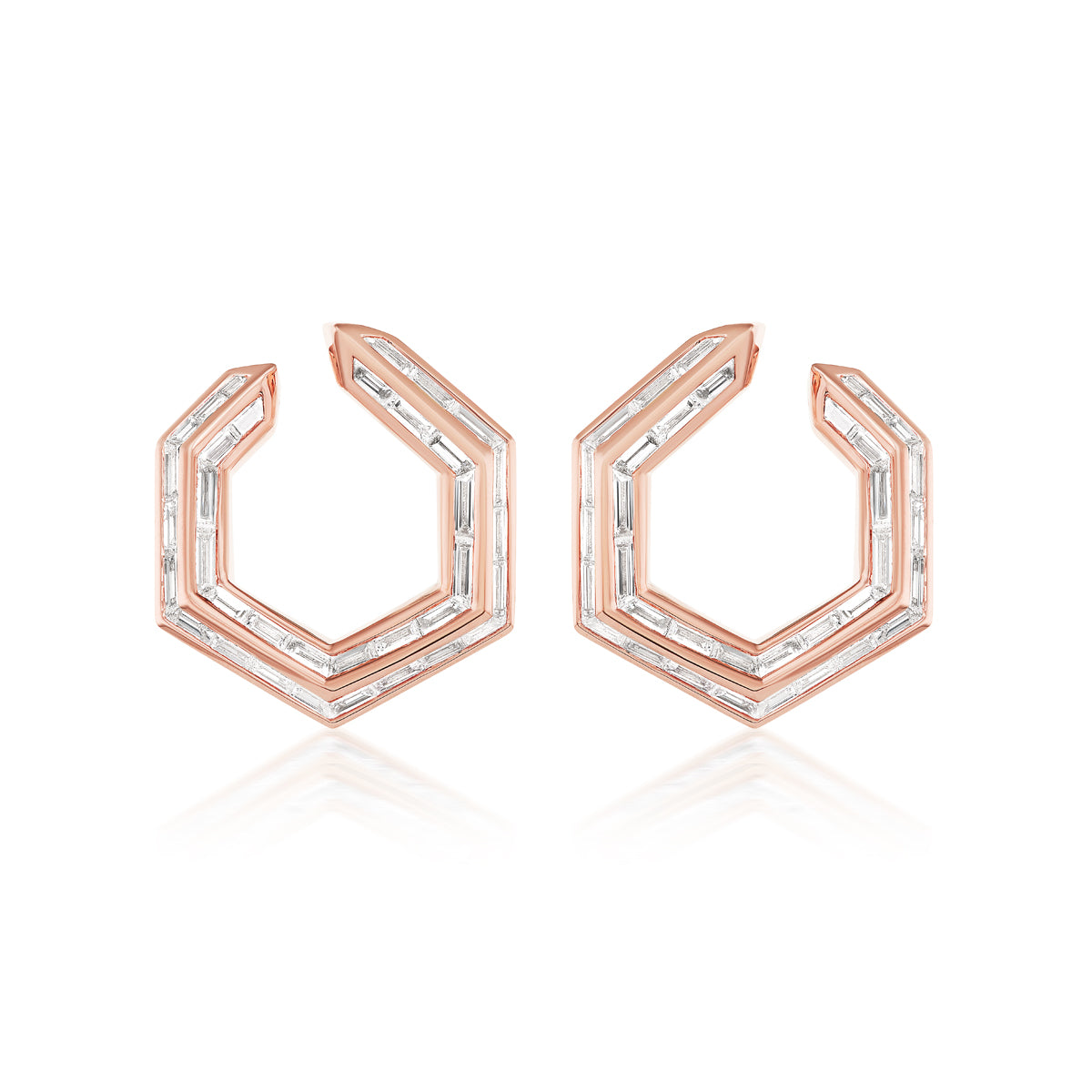 Chrysler Front-To-Back Hoops with Baguette Diamonds in rose 18K gold, showcasing hexagonal angles and baguette-cut diamonds set along the front edges, displayed on a white background.