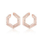 Chrysler Front-To-Back Hoops with Baguette Diamonds in rose 18K gold, showcasing hexagonal angles and baguette-cut diamonds set along the front edges, displayed on a white background.