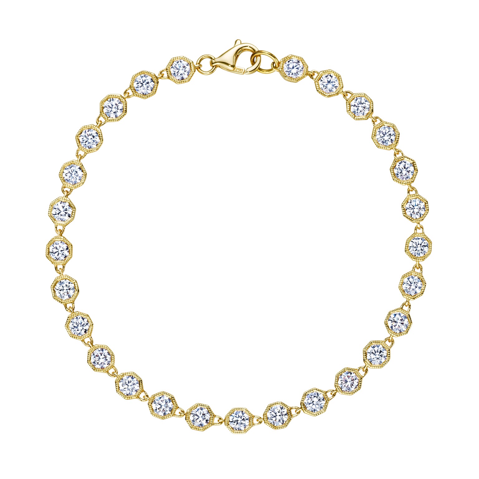 The Milgrain Hexagon Bezel Set Garland Bracelet features round brilliant diamonds in 18k gold hexagon bezels with milgrain details, forming a continuous loop and secured with a lobster clasp.