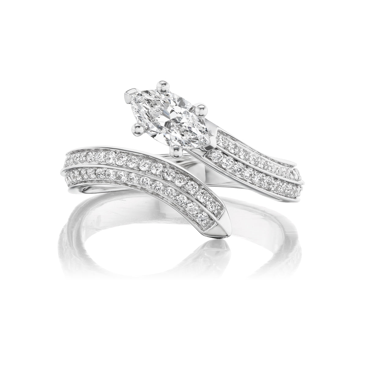 The Wraparound Snake Ring with Marquise Diamond and Pavé in white gold features a marquise diamond center, SI+ clarity, and pavé-set round diamonds, paired with a curved matching wedding band.