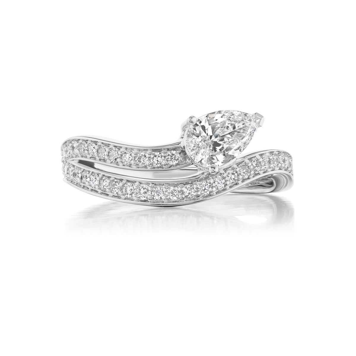 The Serpent Wraparound Ring features a pear shape diamond and round diamonds set in a wavy 18K white gold band, shown on a white background.