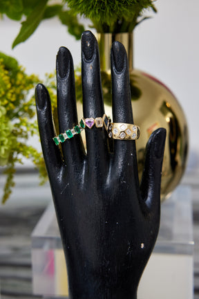 Chroma Heart Beats Bezel Set Cluster Ring in Yellow gold with Mixed Shaped Emerald, Diamond, and Sapphire