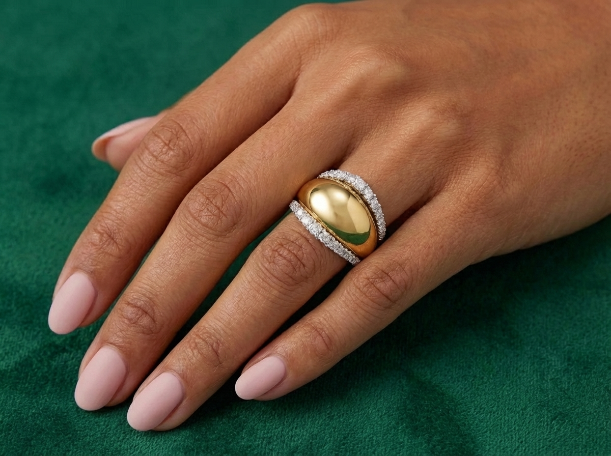 A hand with light pink manicured nails wears the Coil Dome Ring with Pavé Diamond Borders in Yellow Gold, featuring a bold dome design flanked by diamond rows, shown on a green textured surface.