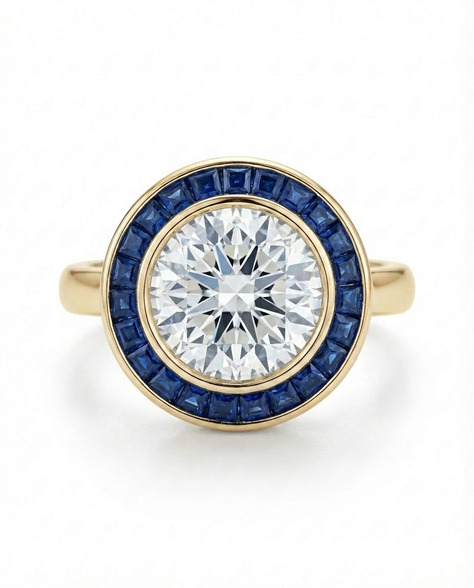 The Round Brilliant Diamond with Channel Set Sapphire Halo Ring features a gold band, a large round diamond center, and square blue sapphires set in a circular halo pattern.