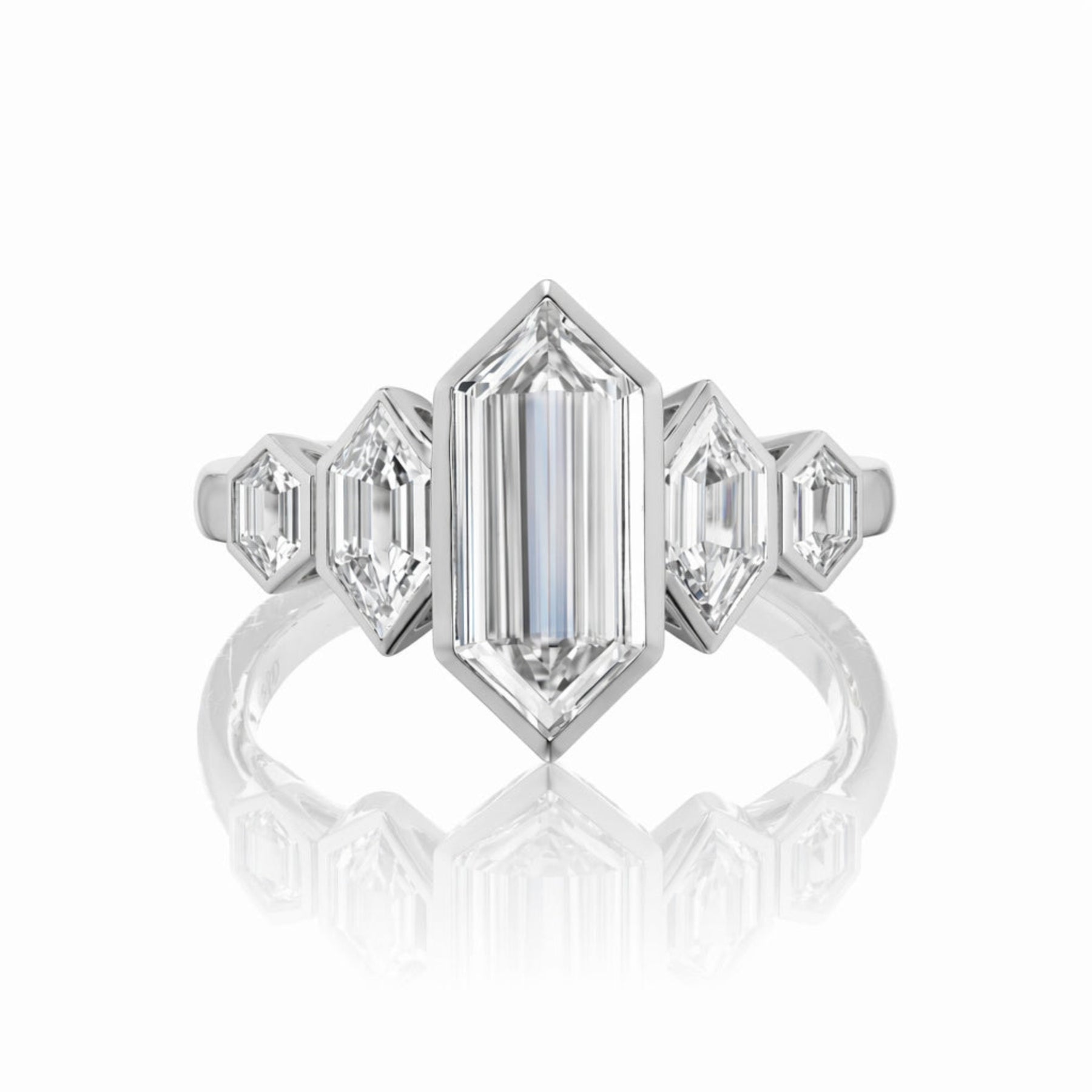 Elongated Hexagon Diamond Engagement Ring with Side Stones
