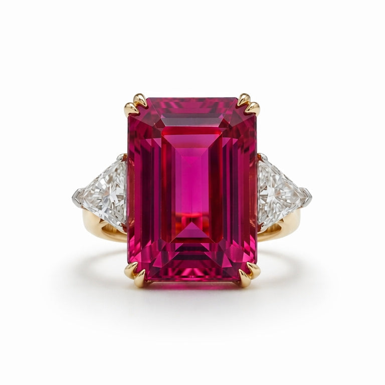 The Pink Tourmaline and Diamond Ring showcases a large emerald-cut pink tourmaline center stone, accented by two triangular clear diamonds on each side, all set in vintage platinum gold against a white background.