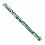 The Emerald and Diamond Bracelet features alternating square-cut green emeralds and round white diamonds set in two parallel rows, displayed on a white background.