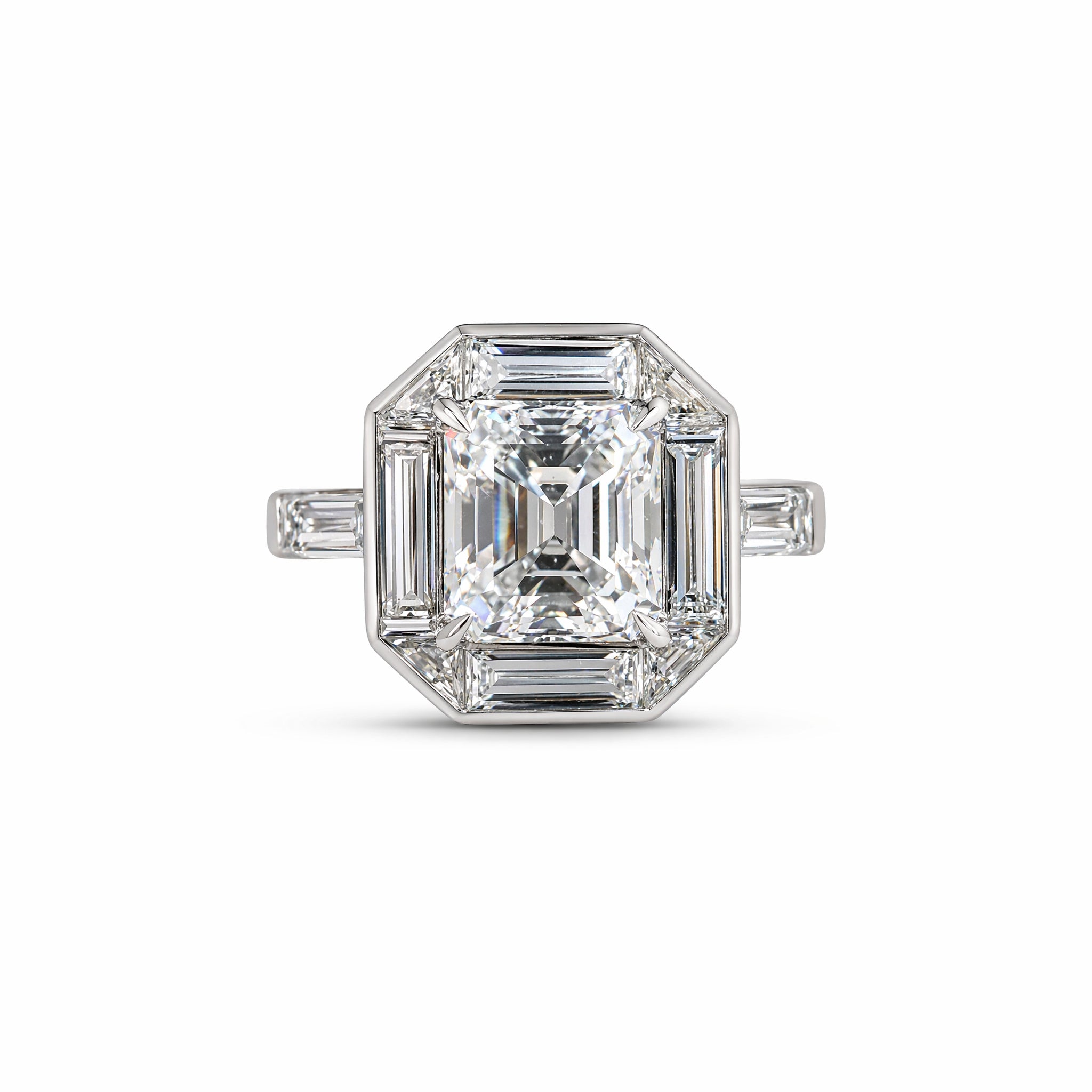The Diamond Ring, Mounted by Oscar Heyman, showcases a platinum band with an emerald-cut diamond center, a geometric baguette-cut diamond halo, and comes with a GIA report for authenticity and quality.