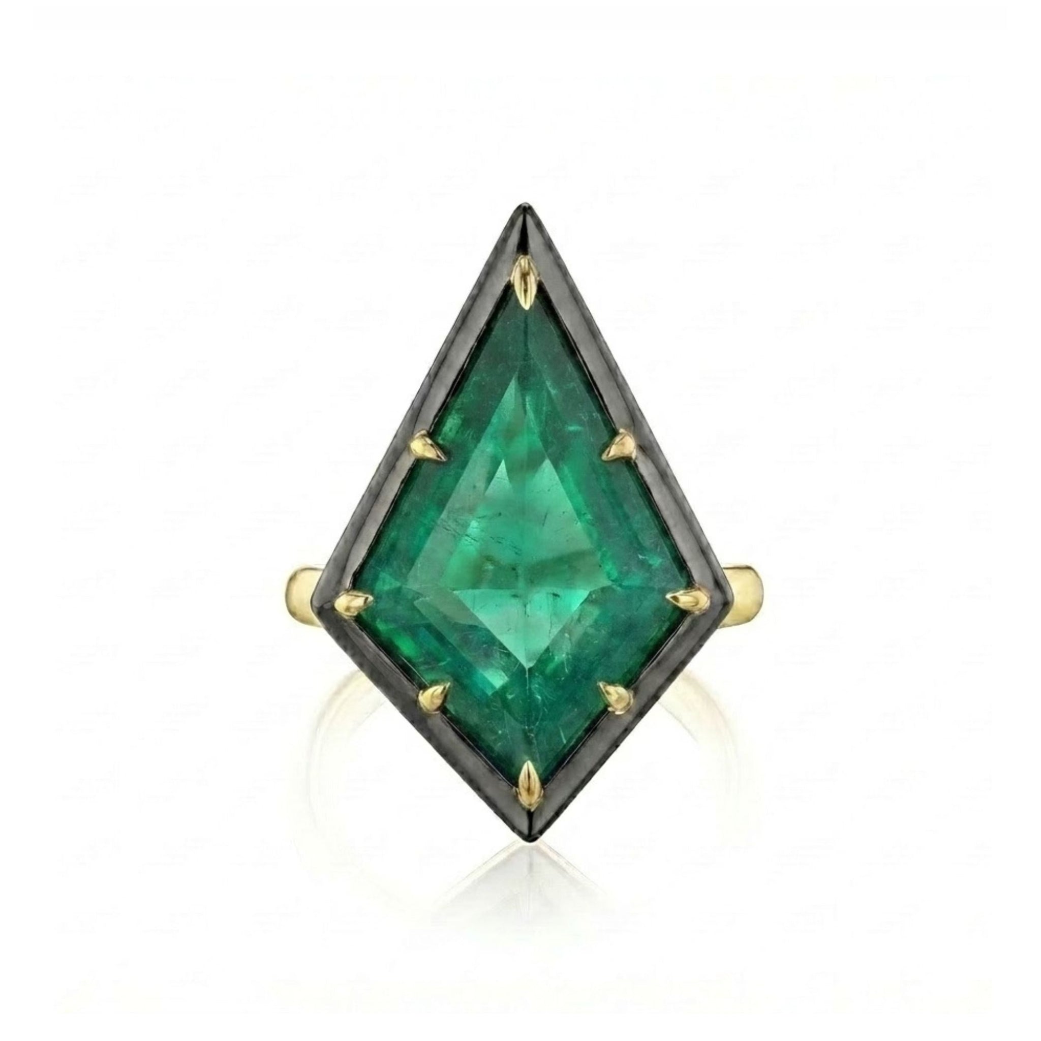 Introducing the Collet Set Kite Shaped Emerald Ring in Black Rhodium and Yellow Gold, featuring a striking kite-shaped emerald secured by six prongs in a dark black rhodium bezel, elegantly paired with a lustrous 18k yellow gold band.