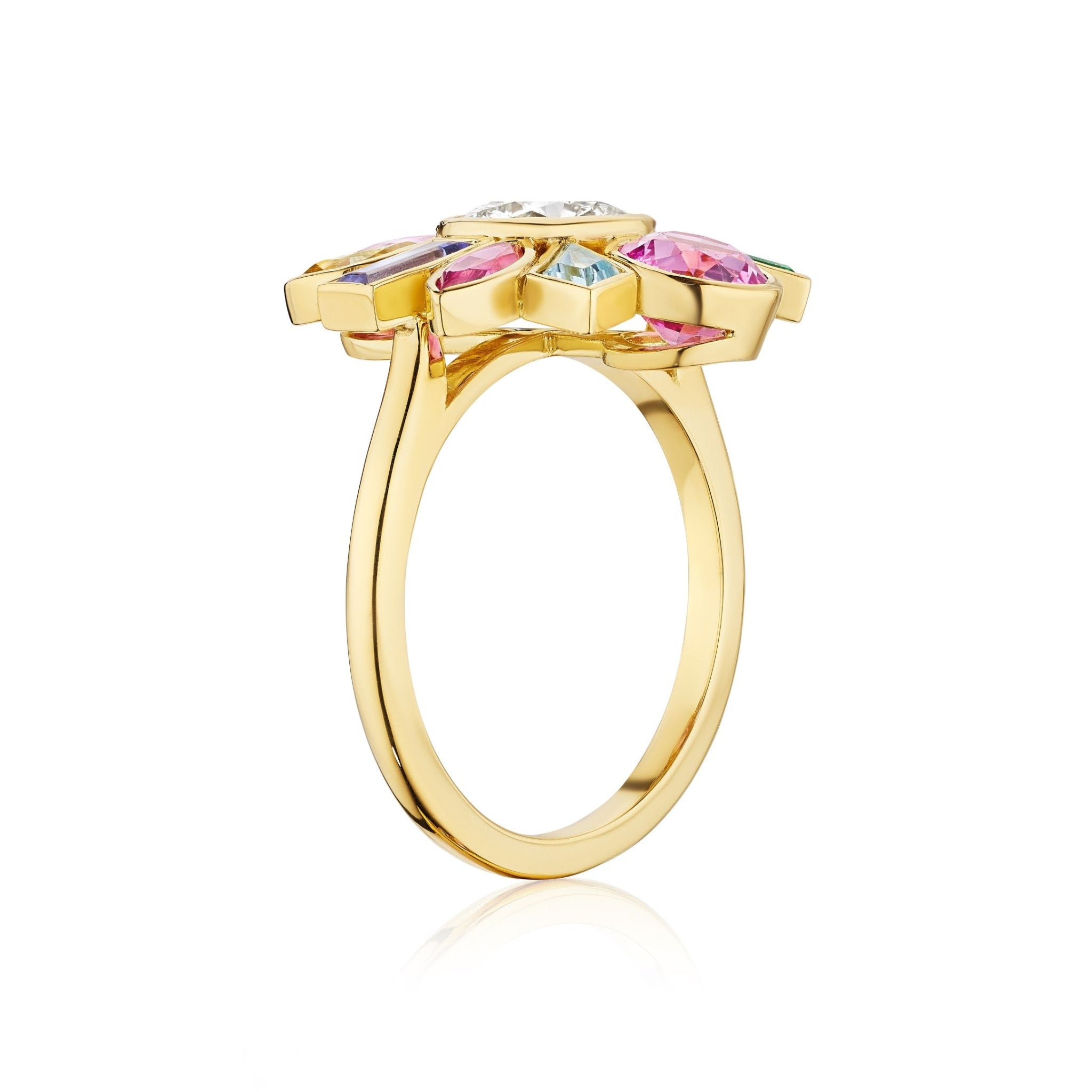 Bezel Set Round Brilliant Diamond and Sapphire Multi Color Ring in Yellow Gold, featuring a slender yellow gold band with a vibrant cluster of bezel-set round brilliant diamonds and sapphires arranged in a floral-inspired design, shown from the side against a white background.