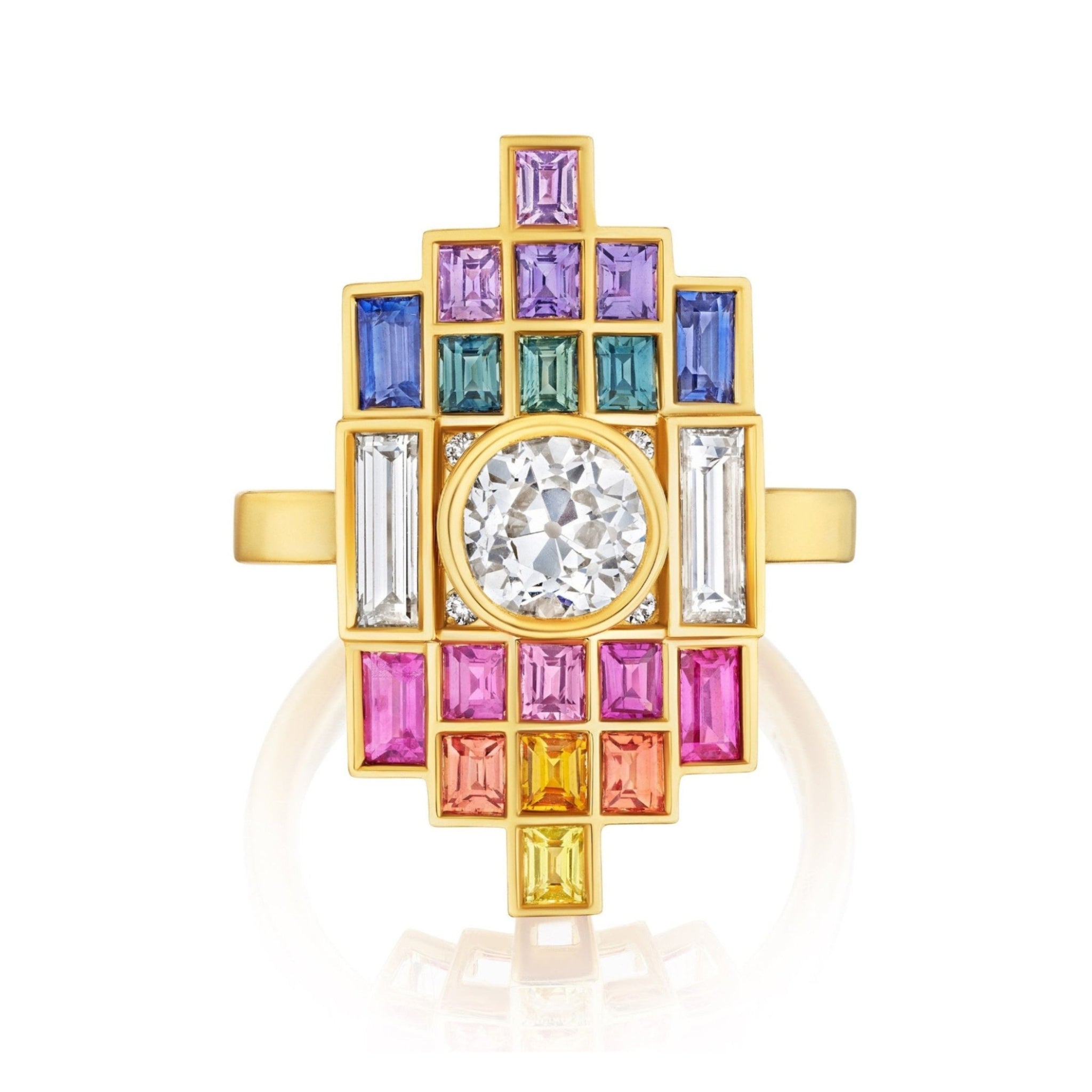 Introducing the Art Deco Bezel Set Ring in Yellow Gold, showcasing a brilliant central round diamond surrounded by multicolor baguette cut sapphires in blue, green, pink, orange, and yellow. The gemstones are expertly arranged in a geometric pattern, creating a vibrant and unique pixel-like effect that highlights the elegance of this striking design.