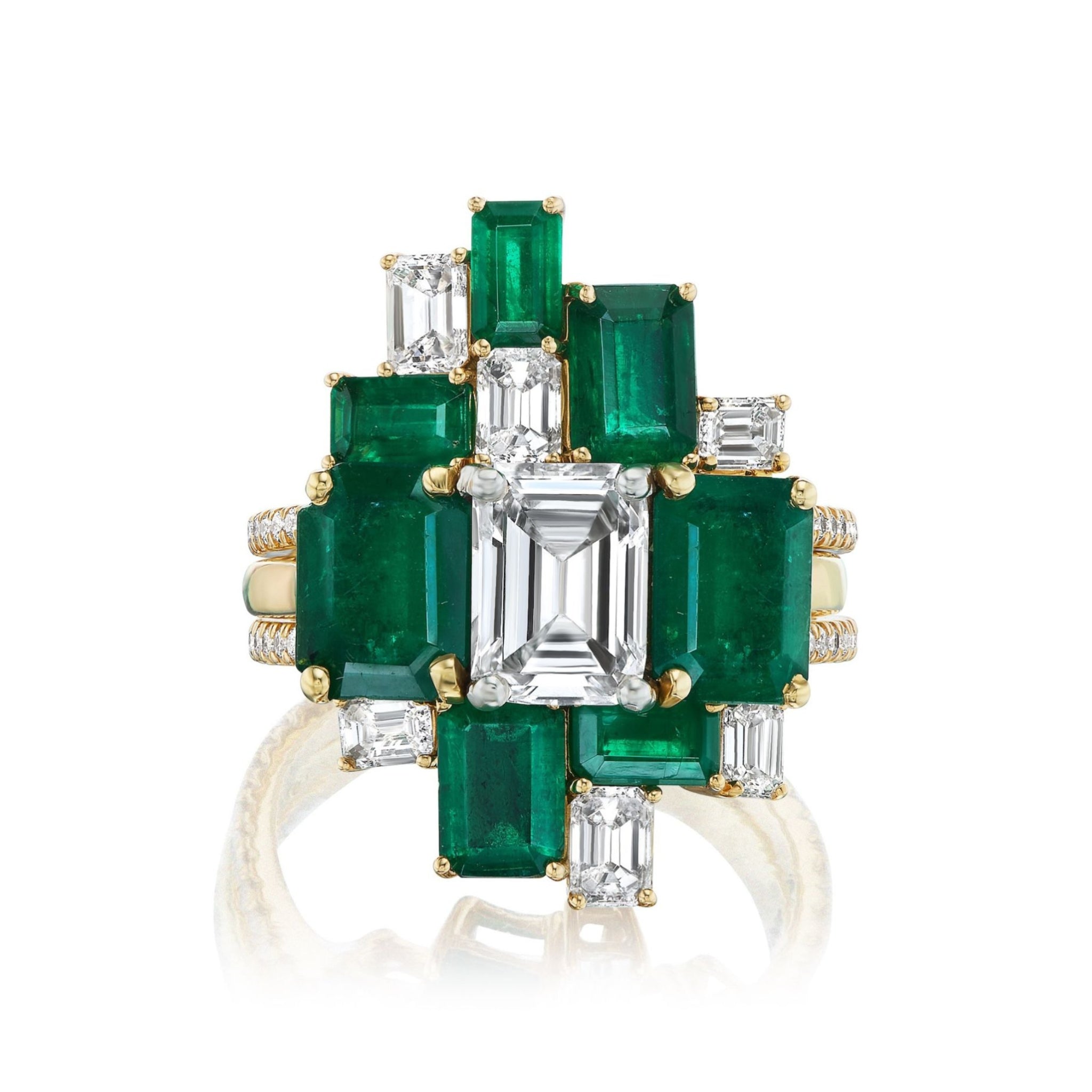 Geometric Emerald Cut Emerald and Diamond Ring Jacket in Yellow Gold with a pavé band, featuring rectangular emerald cut emeralds and clear white diamonds in a modern geometric design on a triple yellow gold band.