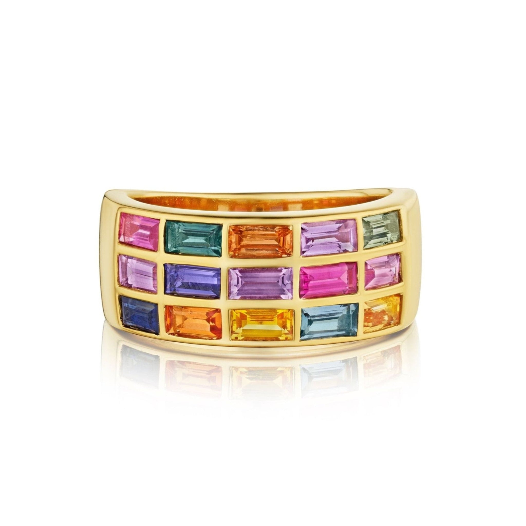 Introducing the East-West Set Multicolor Sapphire Band in Yellow Gold—an eye-catching ring crafted from 18k yellow gold. It showcases three rows of baguette sapphires in vibrant hues of pink, yellow, green, orange, purple, and blue arranged in an elegant grid pattern. The wide band and polished finish lend a contemporary feel to this modern design. Available in size 6.5.