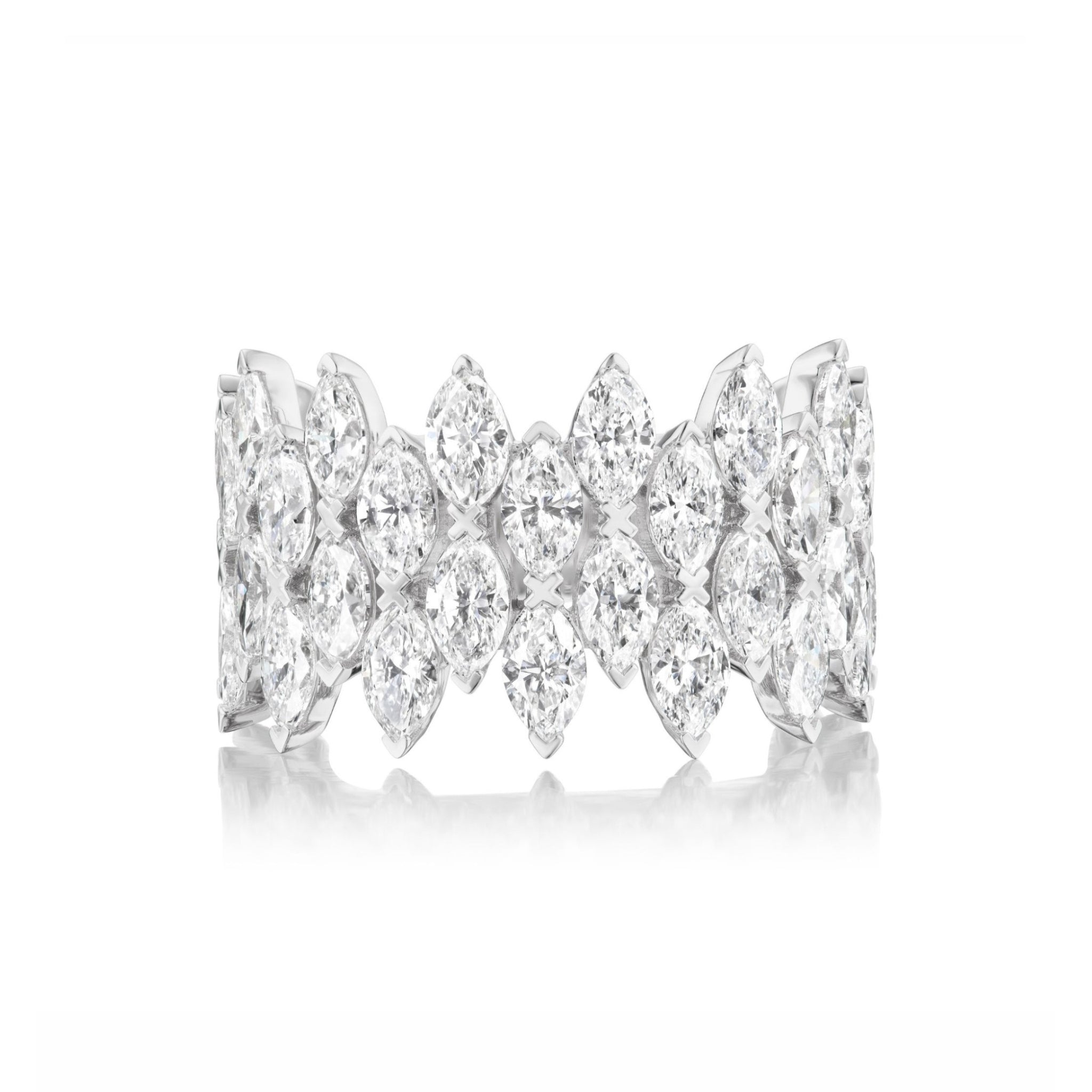 A breathtaking Multi Tier Marquise Diamond Eternity Band crafted in 18k gold, featuring multiple rows of marquise and round-cut diamonds set in an elegant floral-inspired design, showcased against a white background.