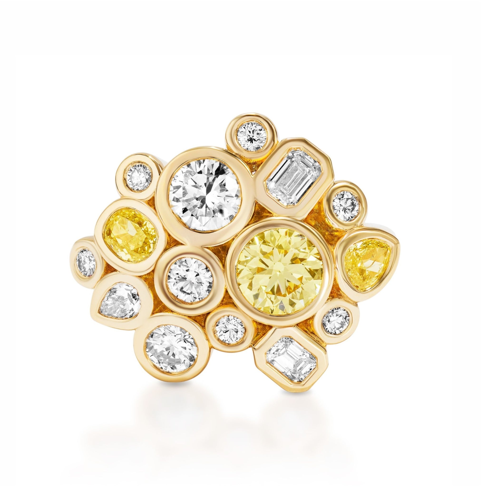 The Cluster Ring Bezel Set With Mixed Shape White and Fancy Yellow Diamonds features round, oval, pear, and rectangular white diamonds alongside fancy yellow diamonds of various sizes, each elegantly set in polished gold bezels against a white background.