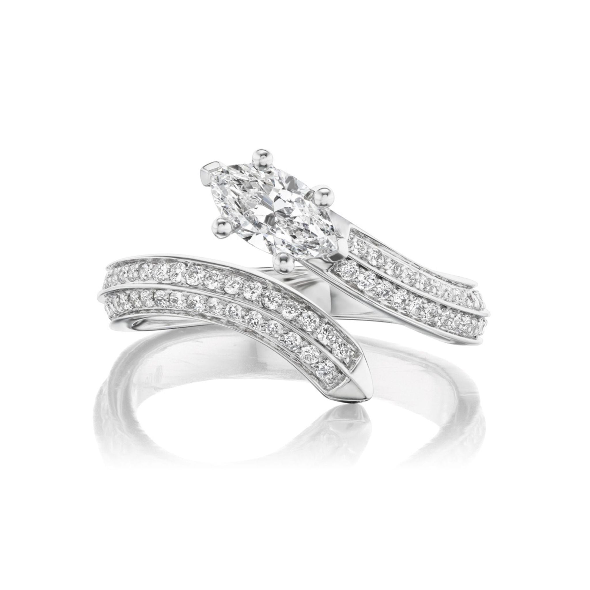 Introducing the Wraparound Snake Ring with Marquise Diamond and Pavé in White Gold, a breathtaking 18k white gold ring set featuring a marquise diamond centerpiece and a wraparound design adorned with pavé-set diamonds, elegantly showcased against a white background.