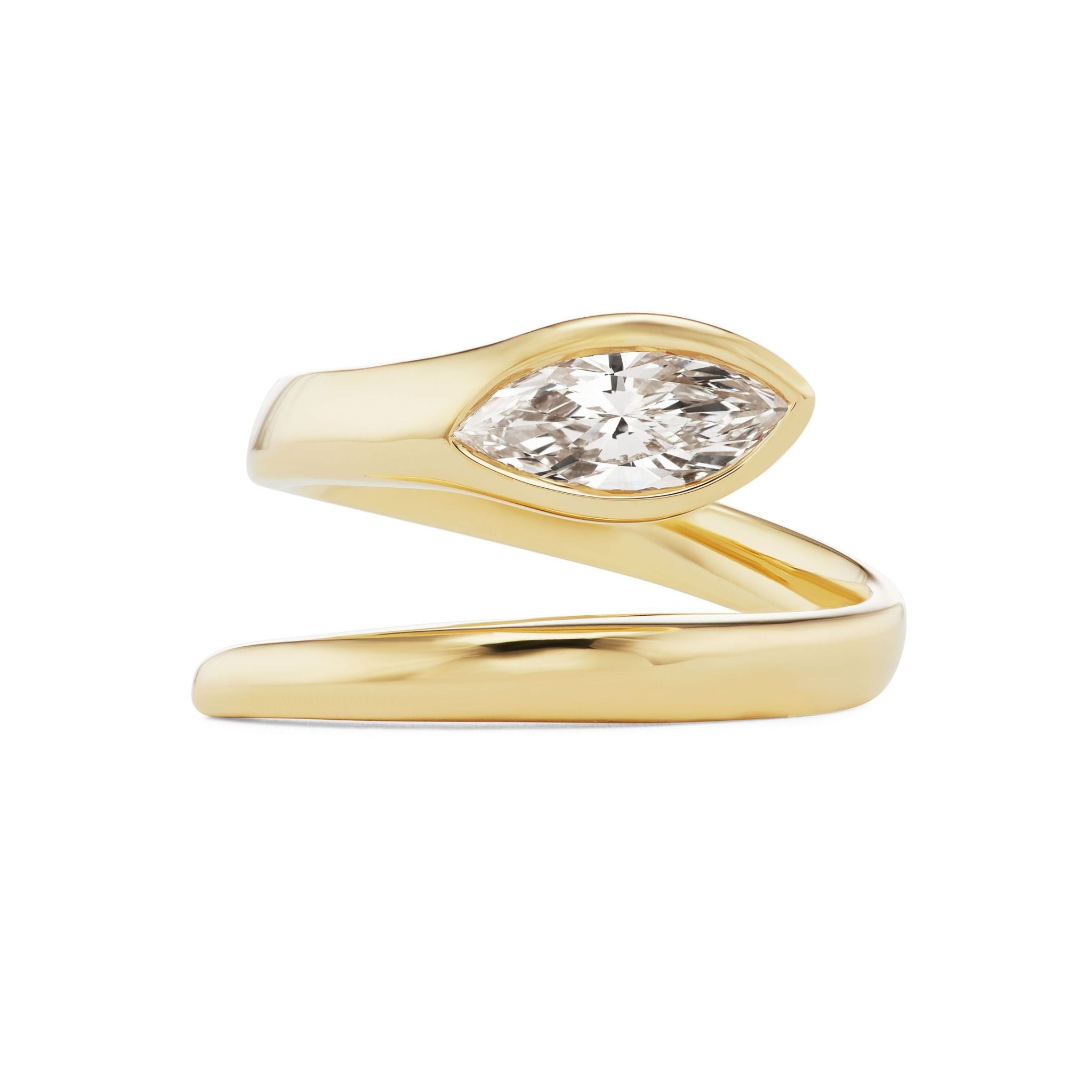 Introducing the Serpent Wraparound Ring with Marquise Diamond—expertly crafted in luxurious 18k gold, this ring features a striking wraparound design and is set with a marquise-cut G Color diamond at the top.