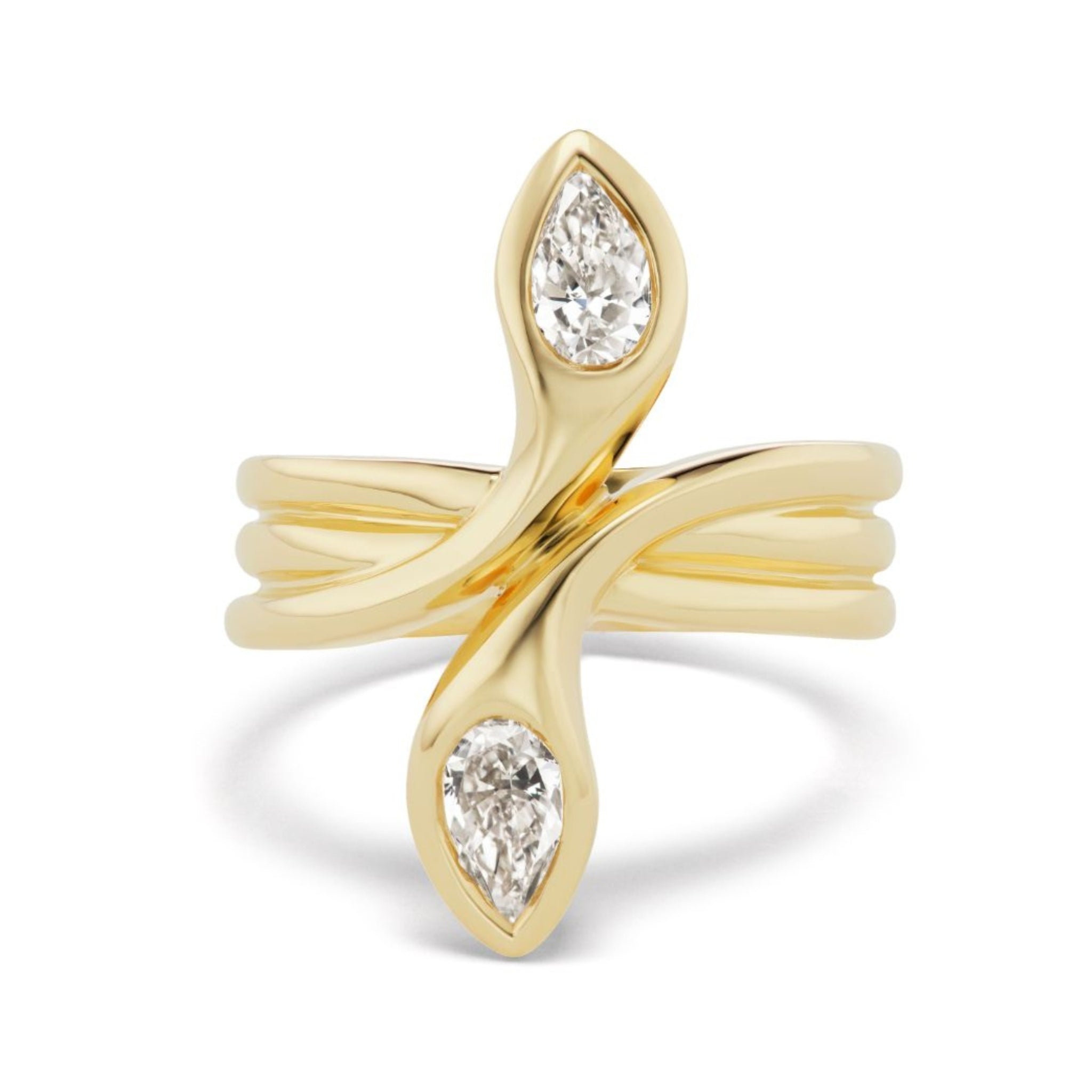 The Double-Headed Serpent Ring with Pear Diamonds is a striking 18k yellow gold ring with three bands crossing at the center, featuring two pear-shaped diamonds set at opposite ends in an elegant snake-head design.