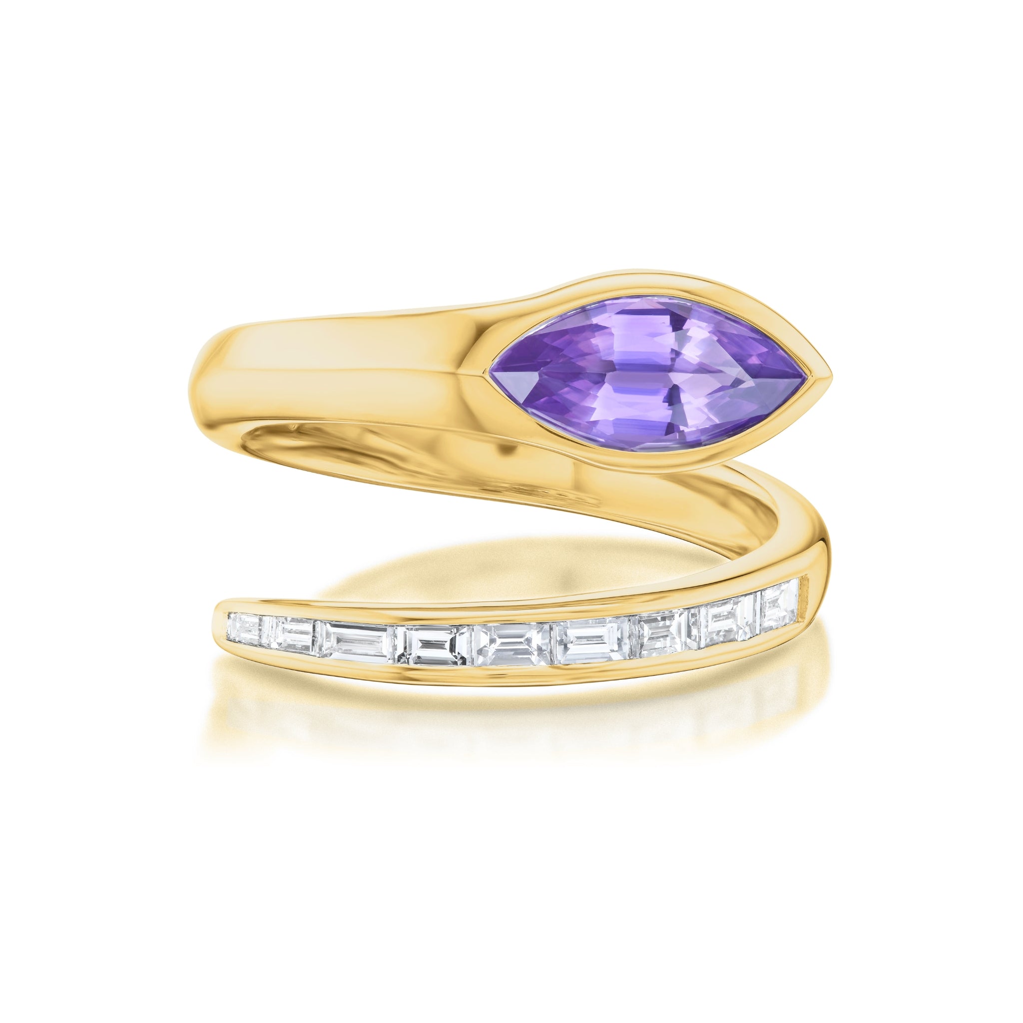 Introducing the Snake Wraparound Ring with Marquise Sapphire and Baguette Diamonds in Yellow Gold, showcasing a stunning purple marquise sapphire at one end and a row of sparkling baguette diamonds set along the open shank, all expertly crafted in luxurious 18k yellow gold.