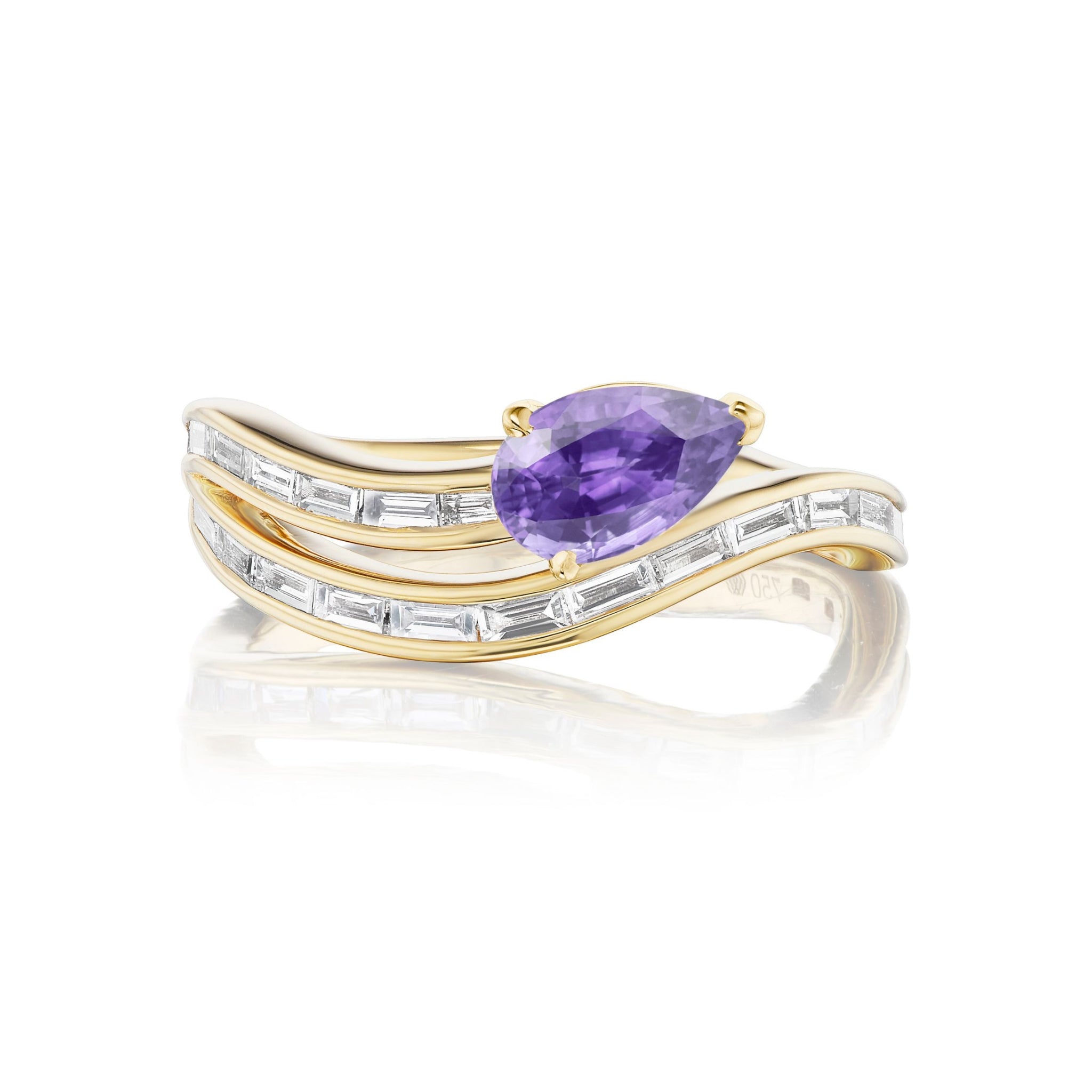 Introducing the Wraparound Snake Eternity Band in Yellow Gold, beautifully crafted in 18k yellow gold. This striking ring features two wavy bands adorned with dazzling baguette diamonds and is highlighted by a captivating pear-shaped purple sapphire at its center.