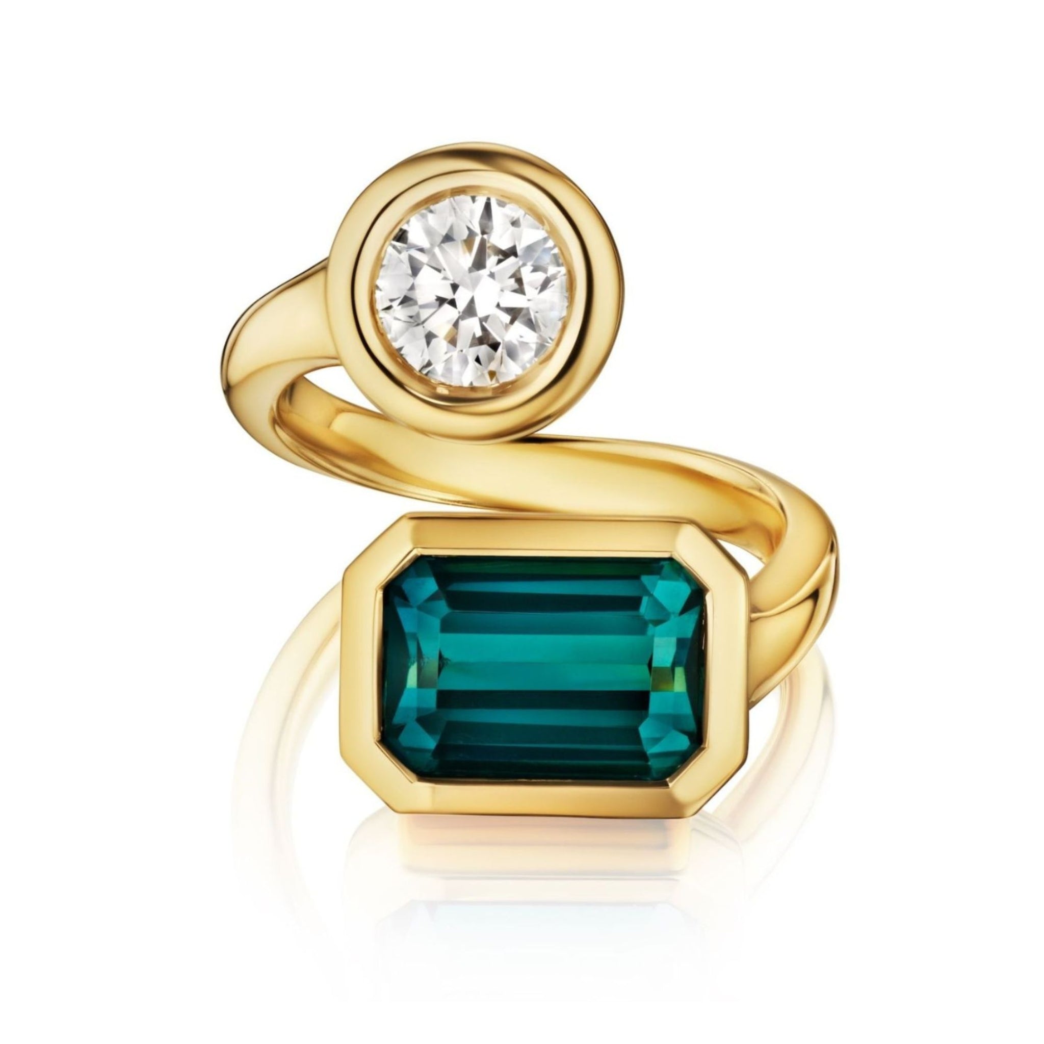 Bezel Set Toi et Moi Wrap Ring with Round Diamond and Emerald Cut Tourmaline in Yellow Gold, displayed against a fresh white background; the ring features a unique twisted band crafted in 18k yellow gold, showcasing a round white diamond alongside an emerald cut green tourmaline.