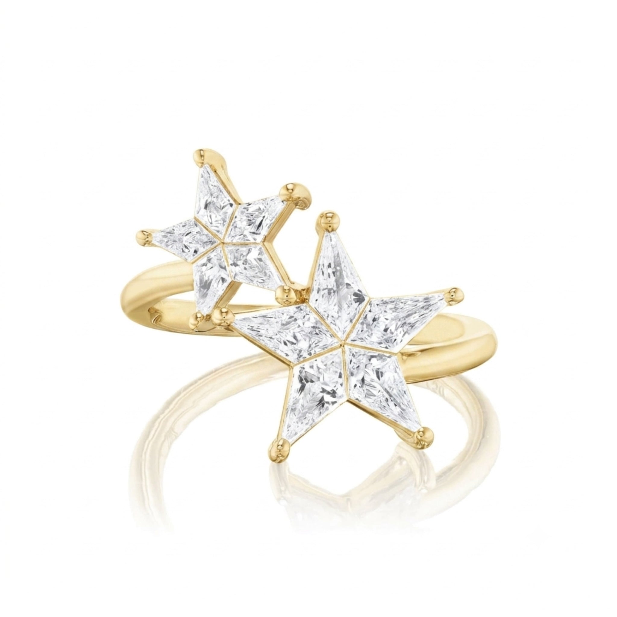Introducing the Celestial Shooting Stars Wraparound Ring with Kite Diamonds—this modern and elegant gold ring features two overlapping star motifs, each accented with clear, kite-shaped diamonds at the points. Set against a white background, this exquisite piece of celestial jewelry beautifully captures a sense of cosmic brilliance.