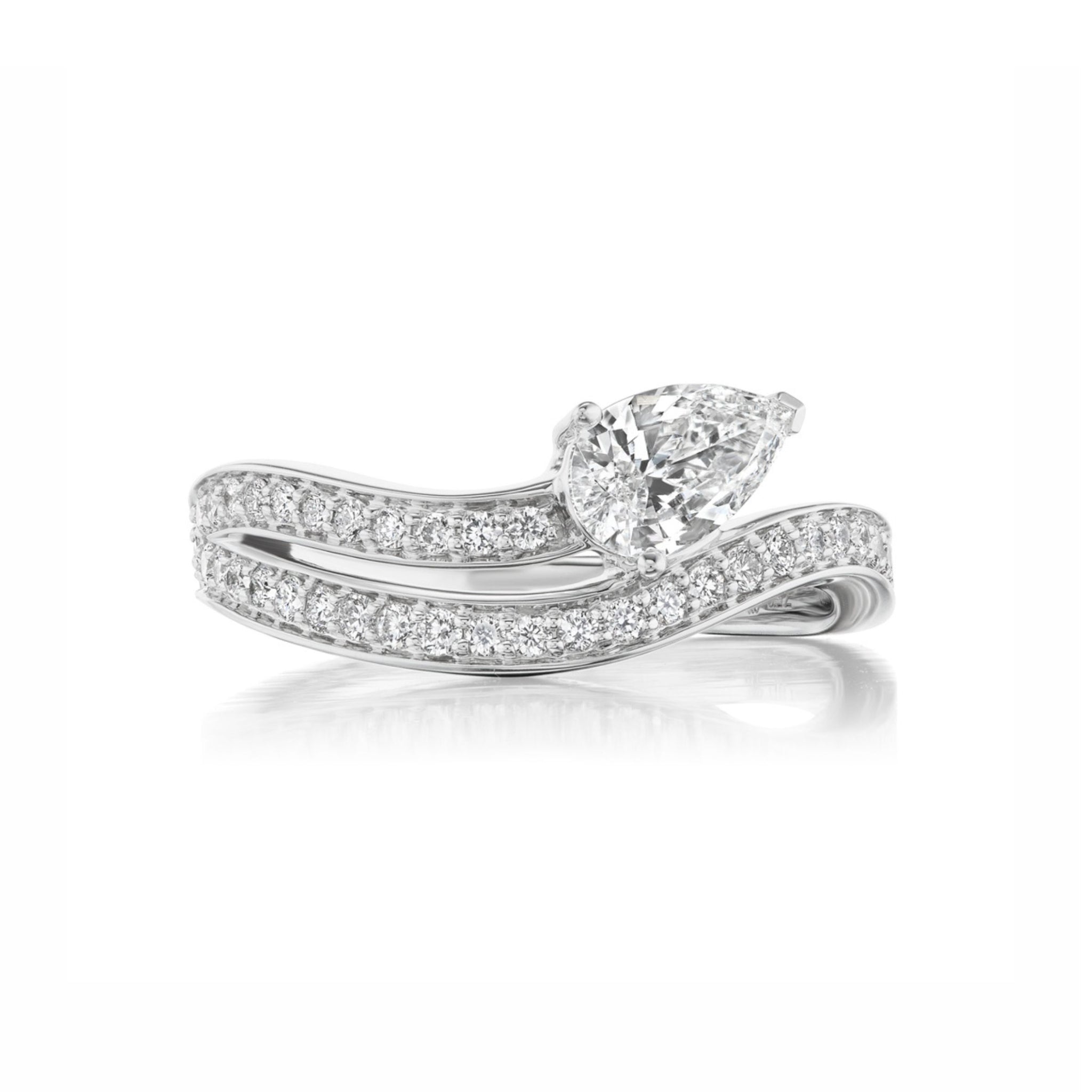The Serpent Wraparound Ring with Pear Shape and Round Diamonds from Maleè Diamonds, expertly set in 18k white gold, is beautifully displayed on a white background.