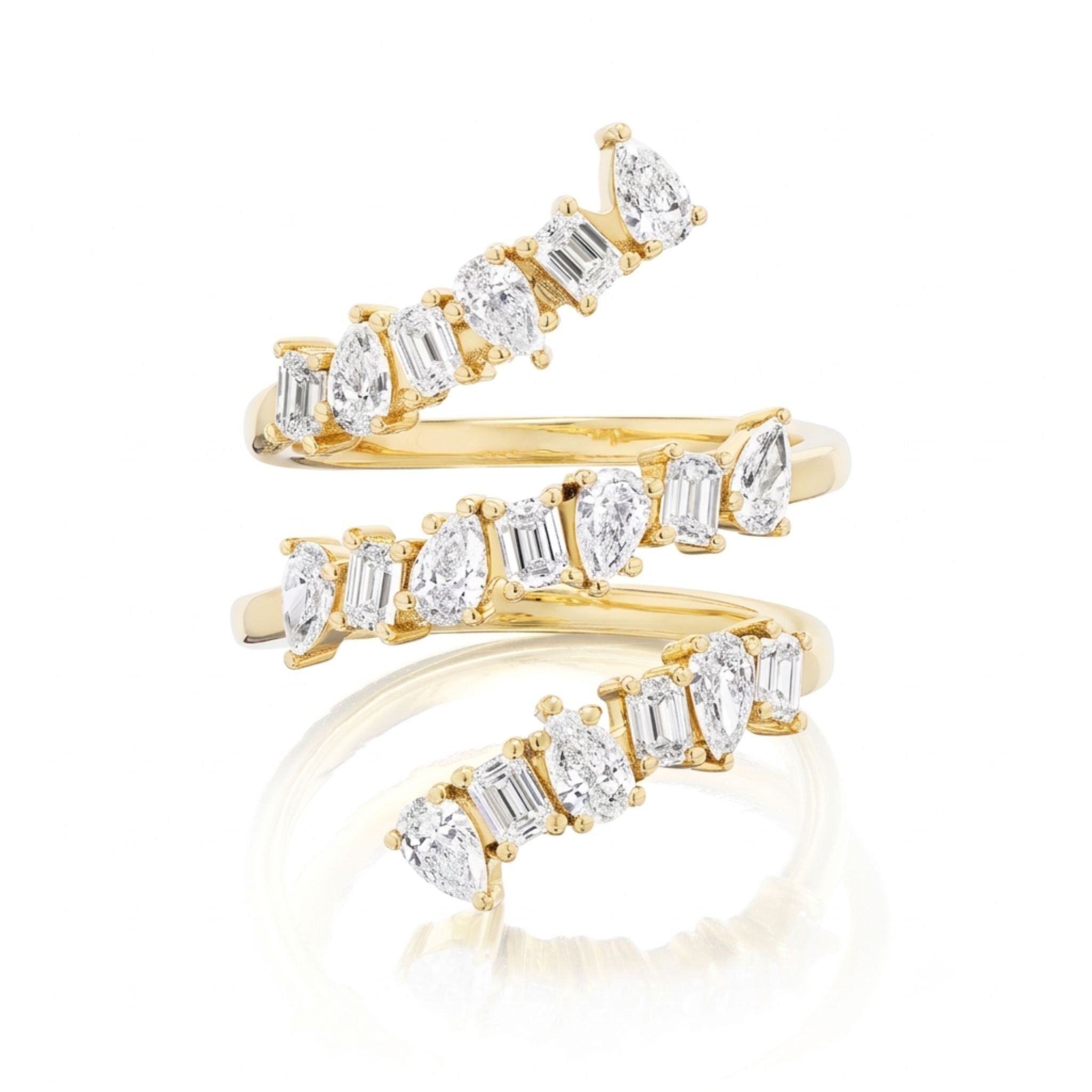 Introducing the Triple Wraparound Ring With Mixed Shape Diamonds—crafted in 18k gold, this striking piece features three spiral bands adorned with alternating marquise and baguette-cut white gemstones, beautifully highlighting the allure of mixed shape diamonds.