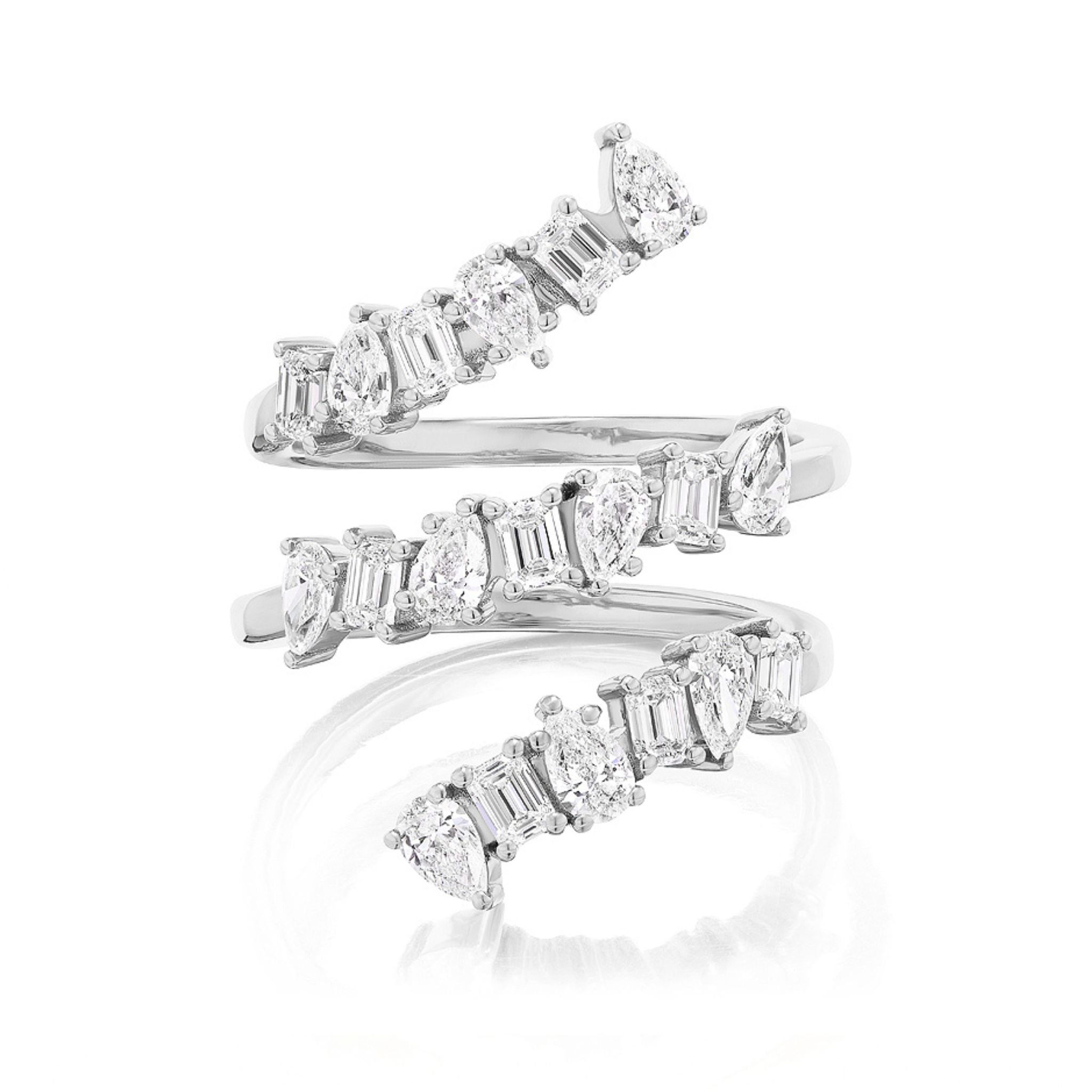 The Triple Wraparound Ring With Mixed Shape Diamonds features a silver, spiral-shaped triple band adorned with clusters of baguette and pear-cut clear gemstones, creating a sparkling and modern design inspired by mixed shape diamonds.