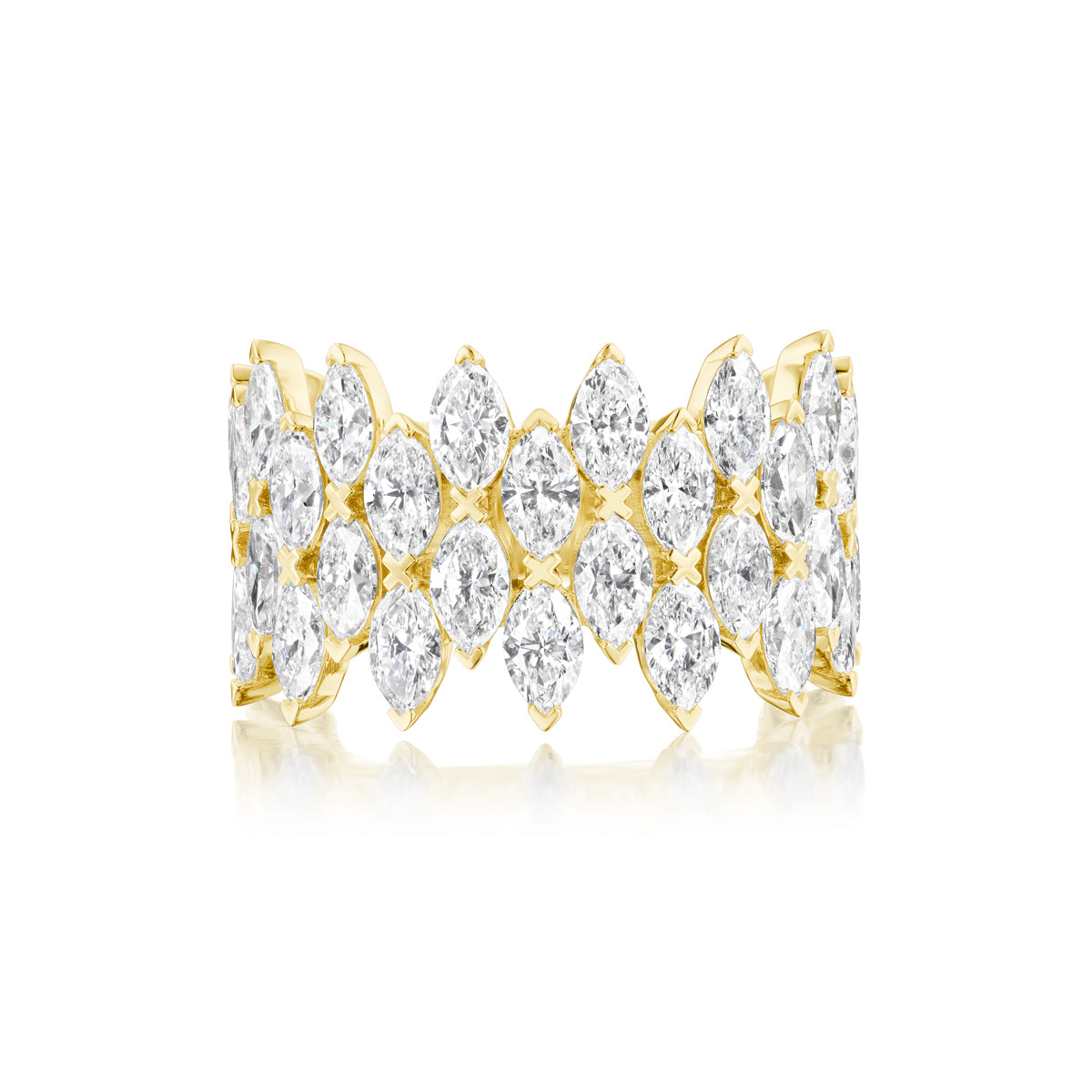 The Multi Tier Marquise Diamond Eternity Band is an 18k gold ring with multiple tiers and marquise diamonds in a lattice design, shown on a white background.
